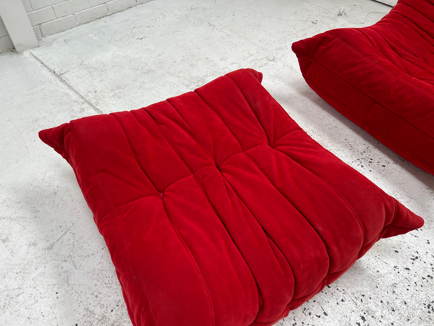 Vintage Ligne Roset Togo Fireside & Ottoman Set - Red Suede