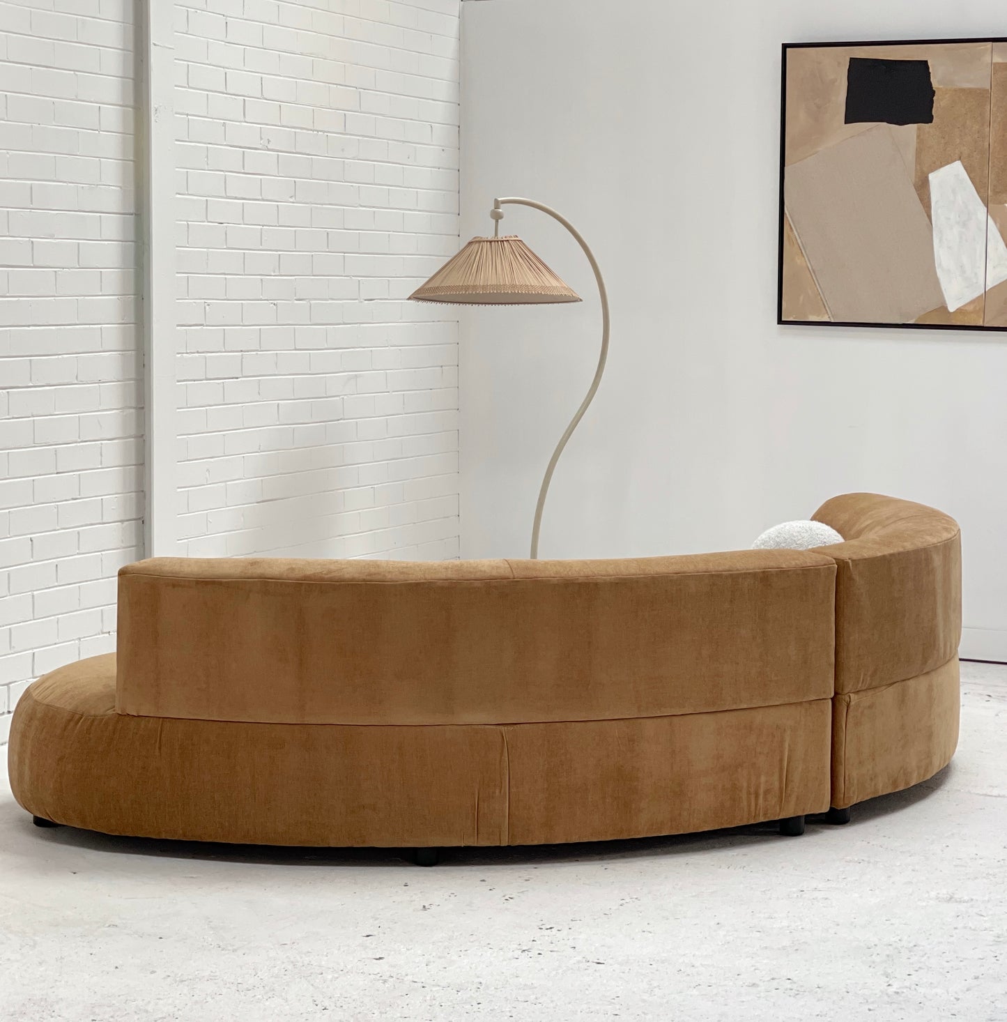 Curved Dark Caramel Chambray Velvet Sofa