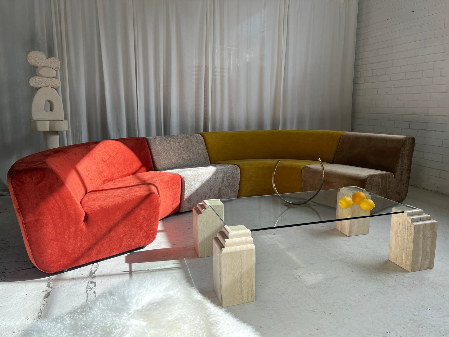 Vintage Glass & Travertine Coffee Table