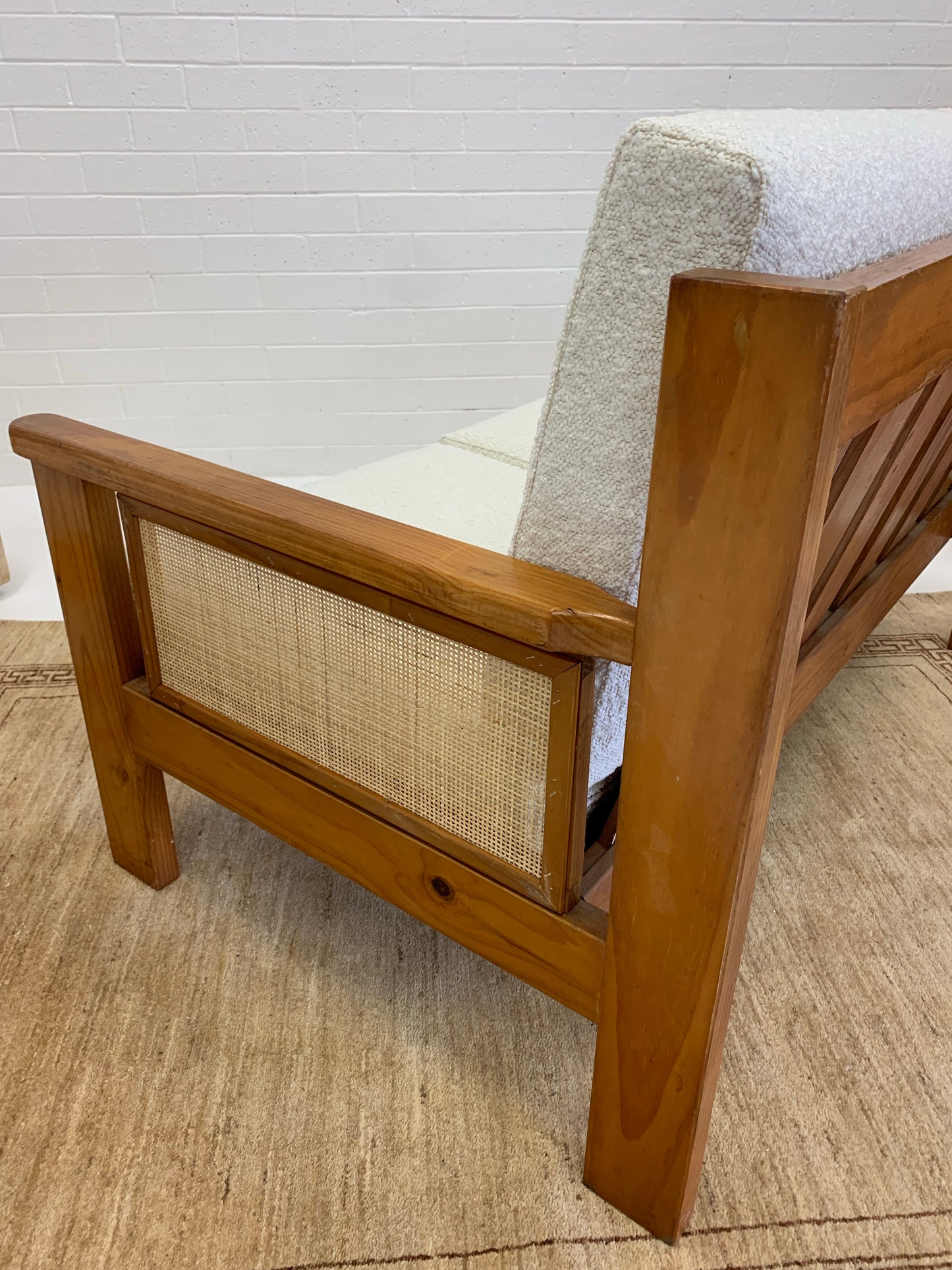 Pine and Rattan Boucle Two Seater Sofa