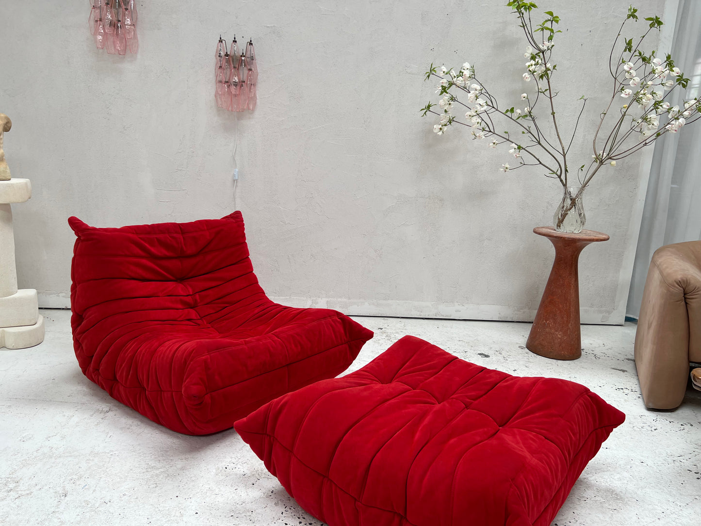 Vintage Ligne Roset Togo Fireside & Ottoman Set - Red Suede