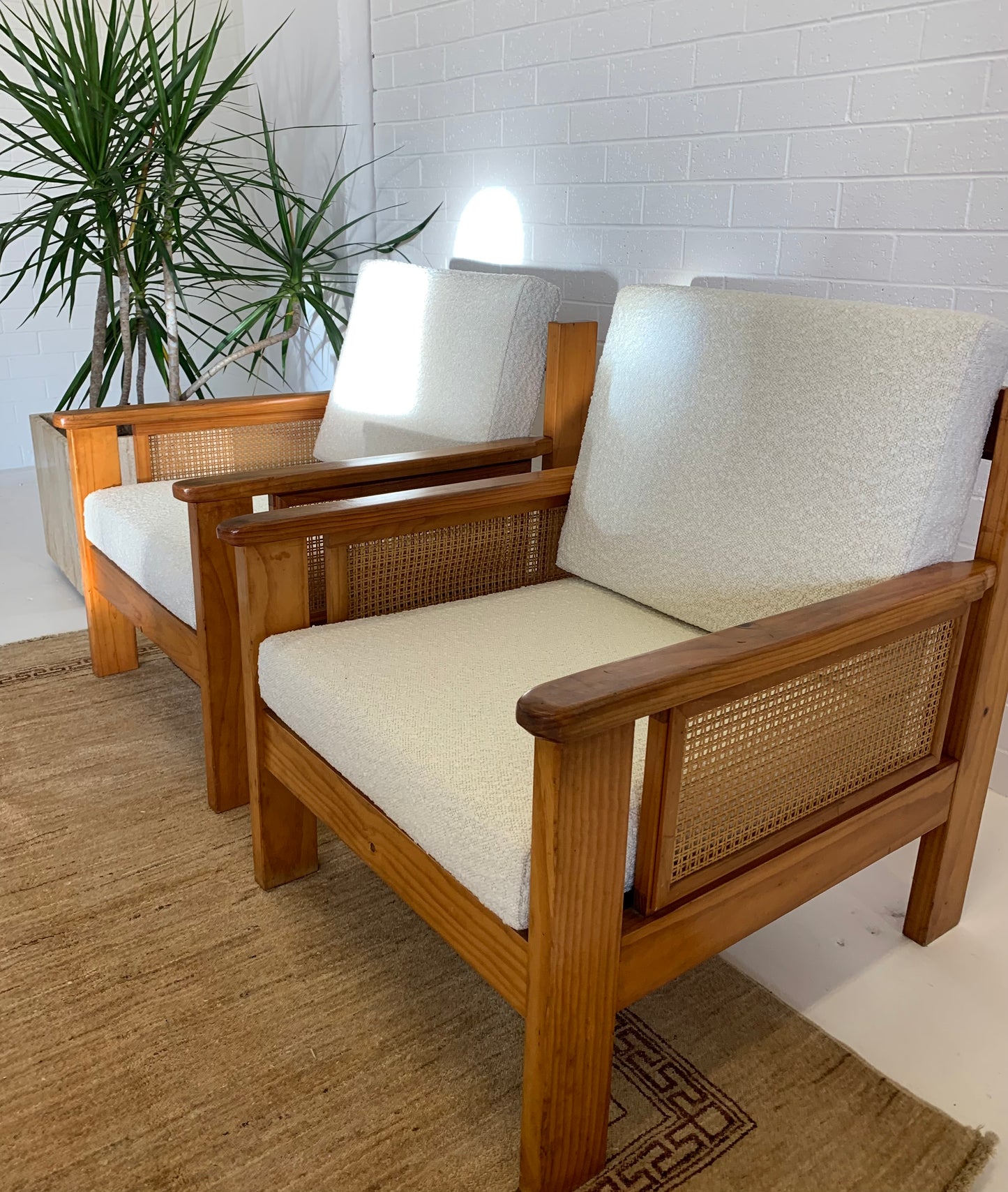 Pine and Rattan Boucle Armchair - Two Available