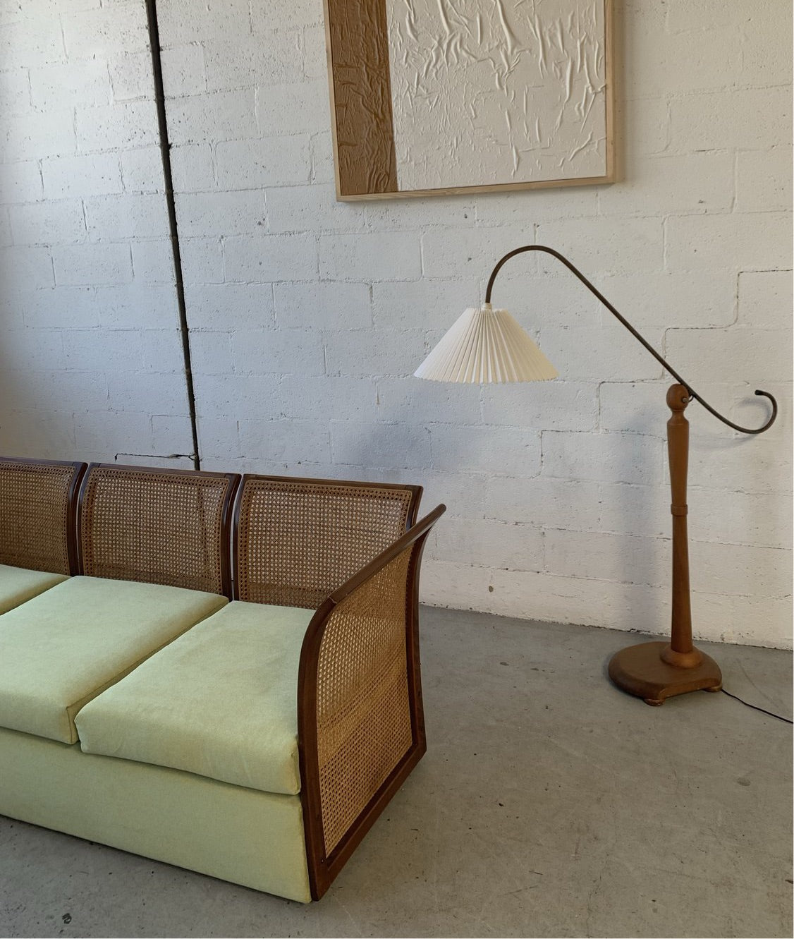 Refurbished Velvet & Rattan Sofa, Circa 1960-70