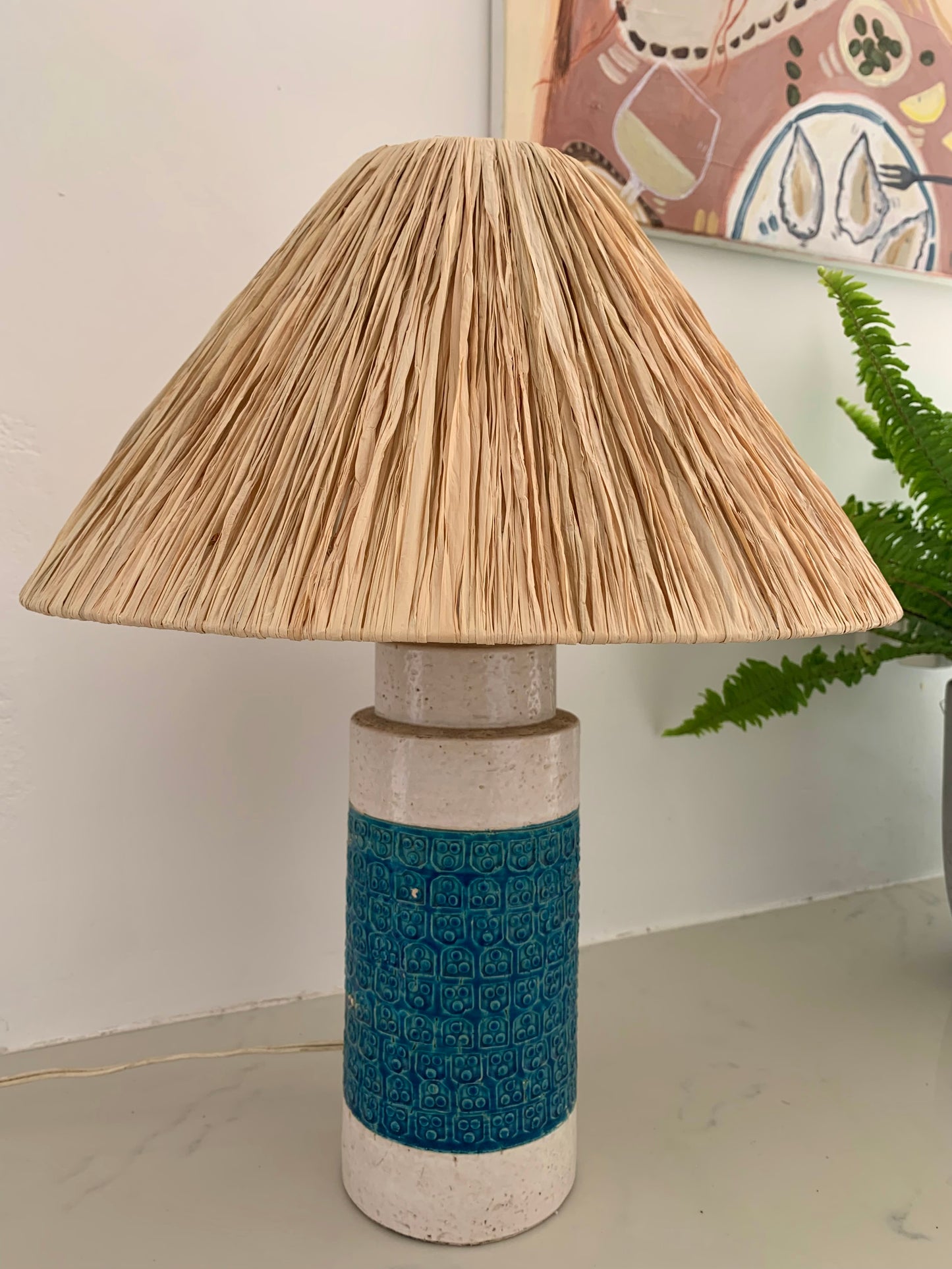 Vintage Italian Ceramic Lamp With Raffia Shade