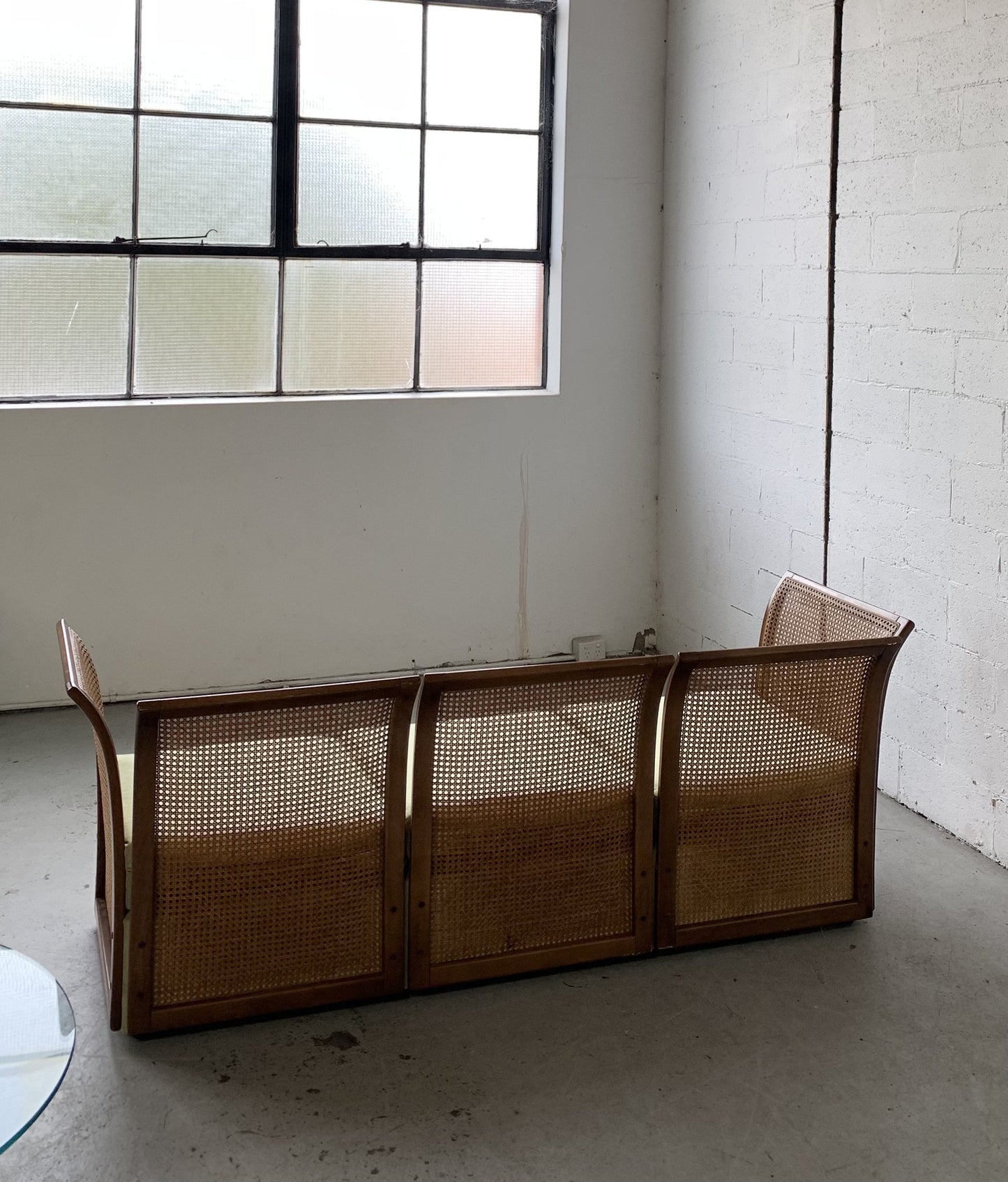 Refurbished Velvet & Rattan Sofa, Circa 1960-70