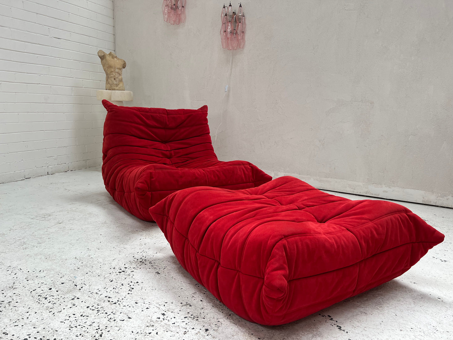 Vintage Ligne Roset Togo Fireside & Ottoman Set - Red Suede