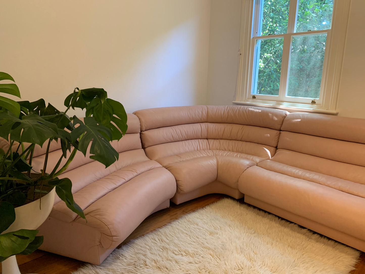 Vintage Modular Curved Blush Pink Leather Sofa