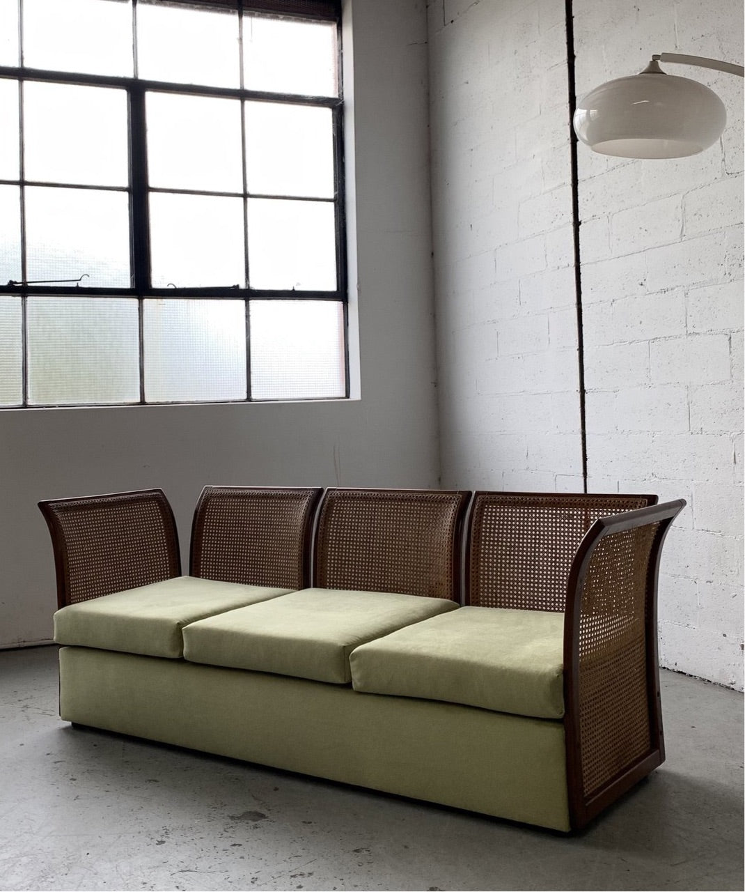 Refurbished Velvet & Rattan Sofa, Circa 1960-70