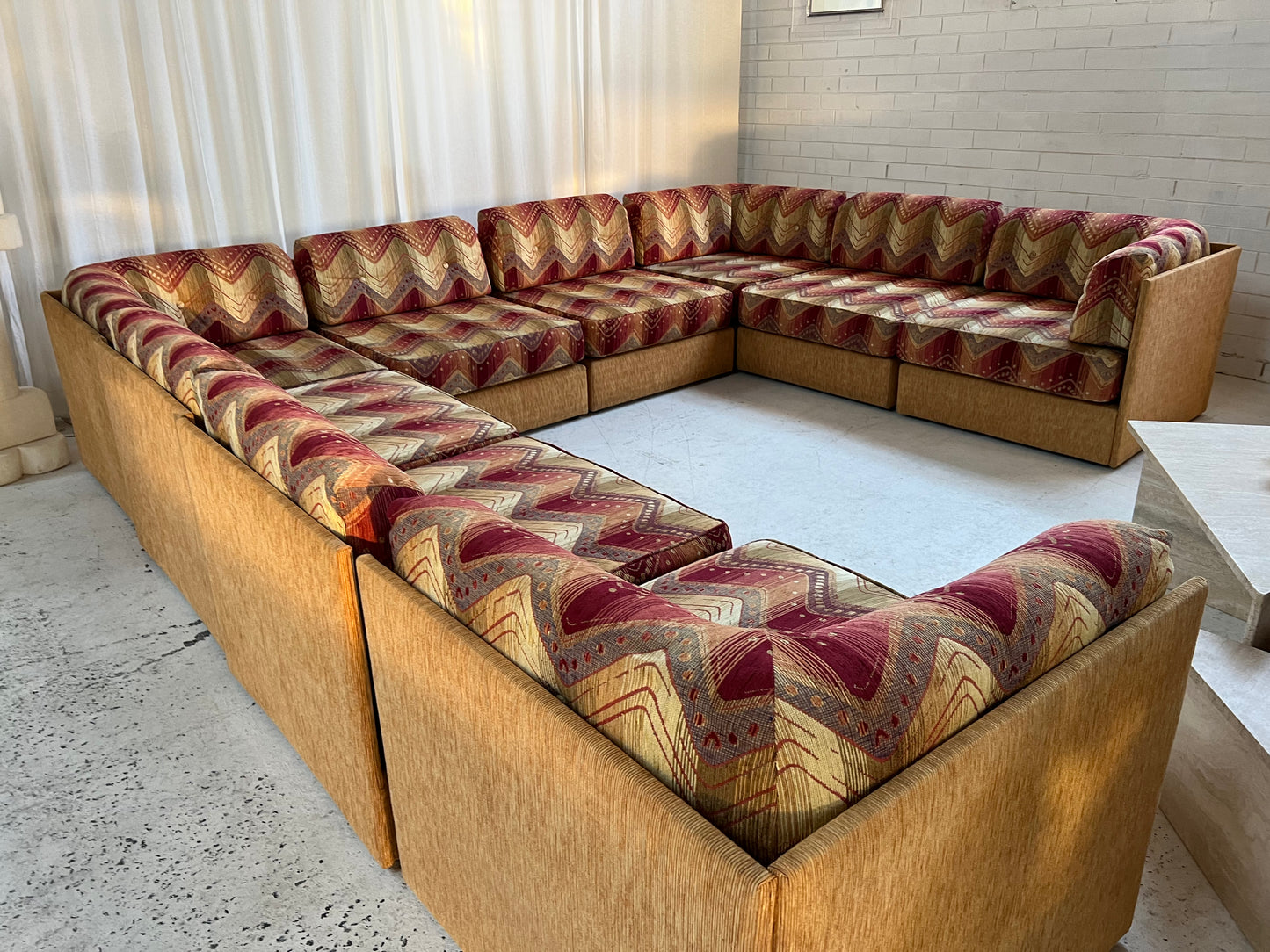 Vintage 9 Piece Geometric Corduroy Modular Sofa & Ottoman (Set)