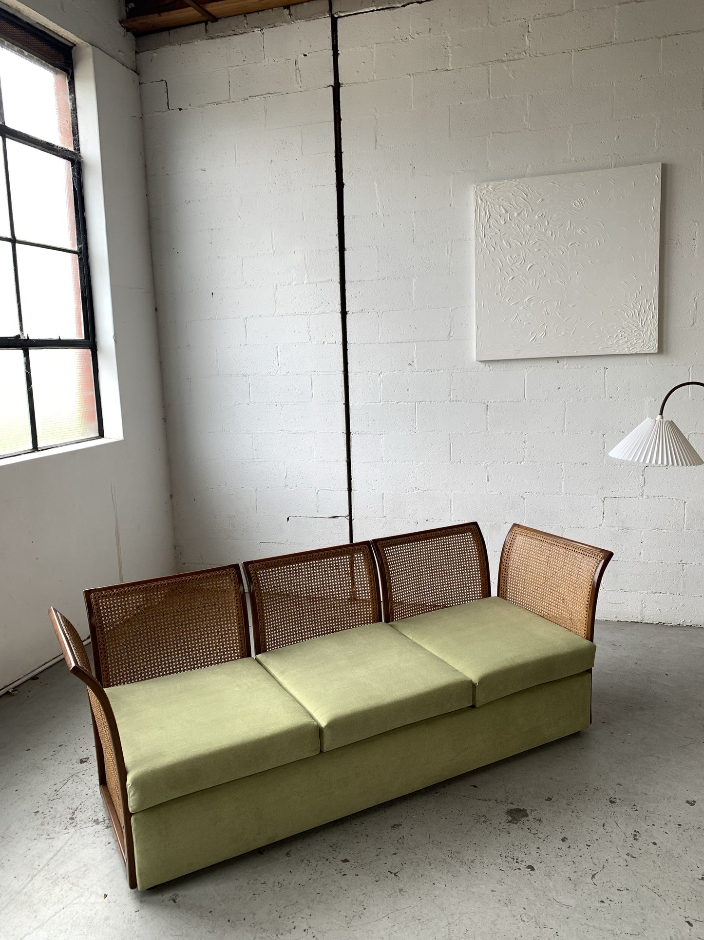 Refurbished Velvet & Rattan Sofa, Circa 1960-70