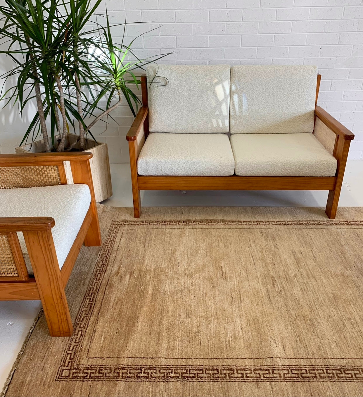 Pine and Rattan Boucle Two Seater Sofa