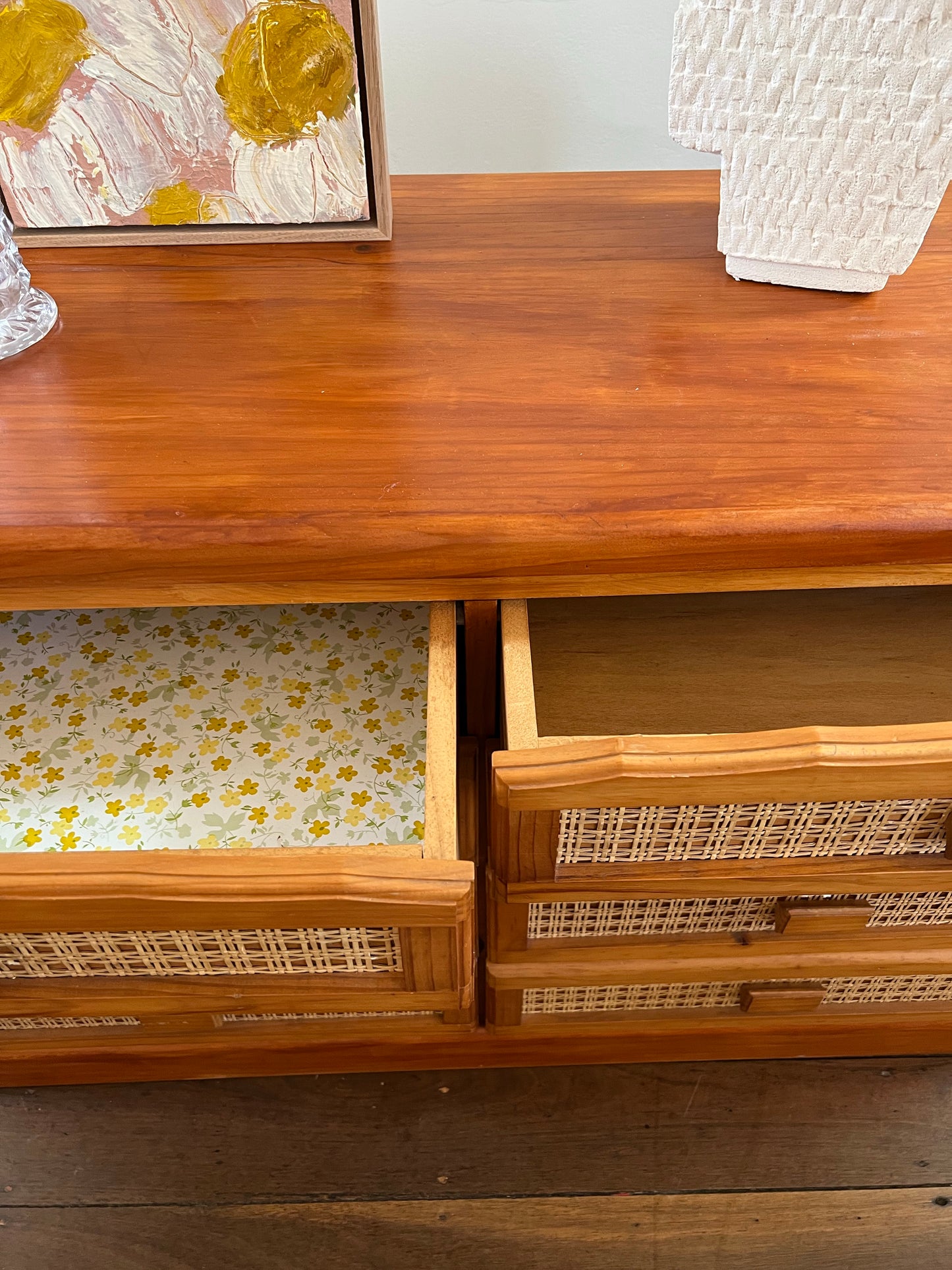 Solid Timber Sideboard / Drawers With Rattan Inserts