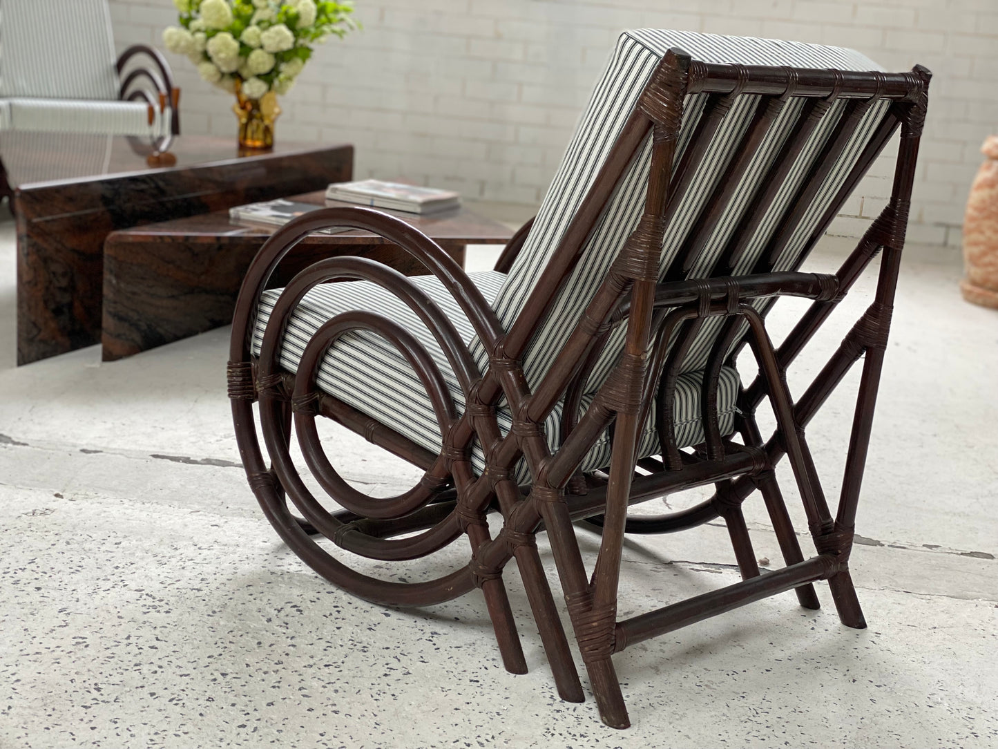 Vintage Dark Bamboo Armchair - Coffee Stripe