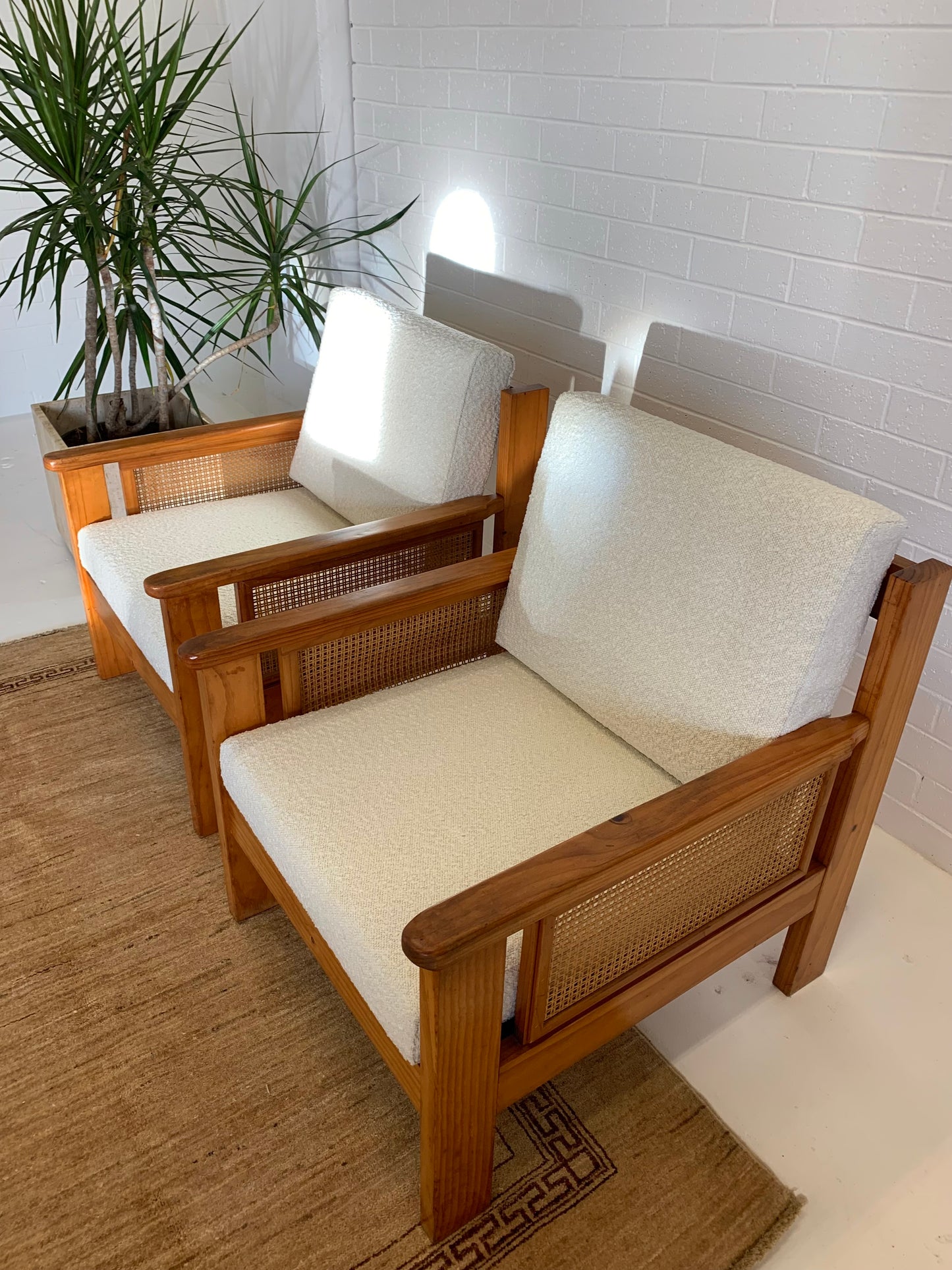 Pine and Rattan Boucle Armchair - Two Available