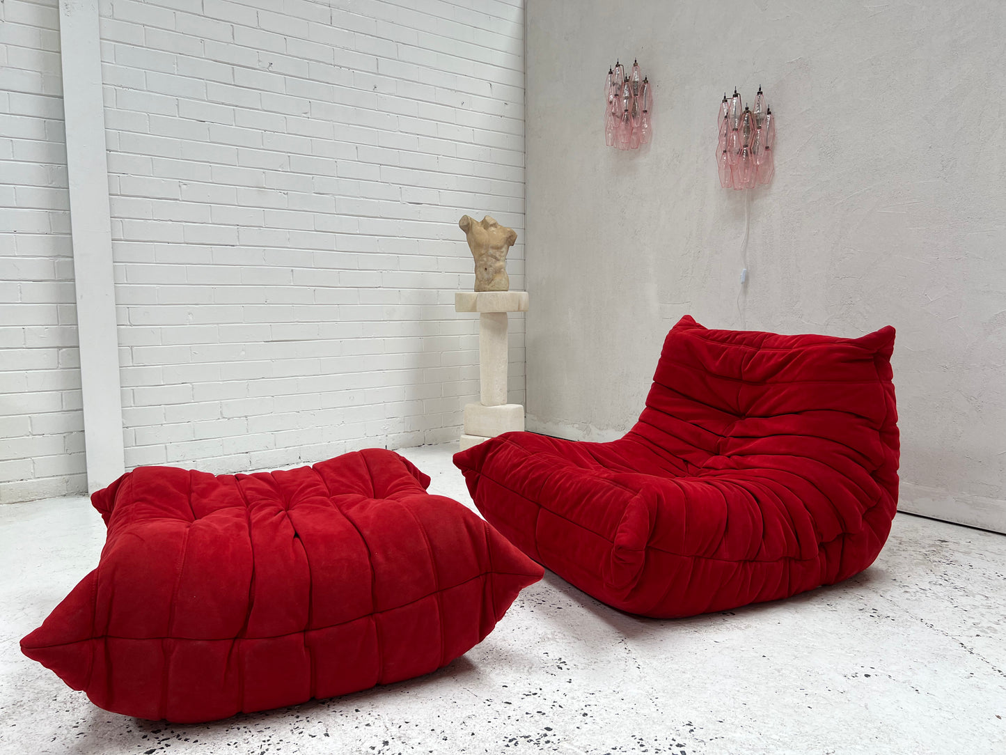 Vintage Ligne Roset Togo Fireside & Ottoman Set - Red Suede
