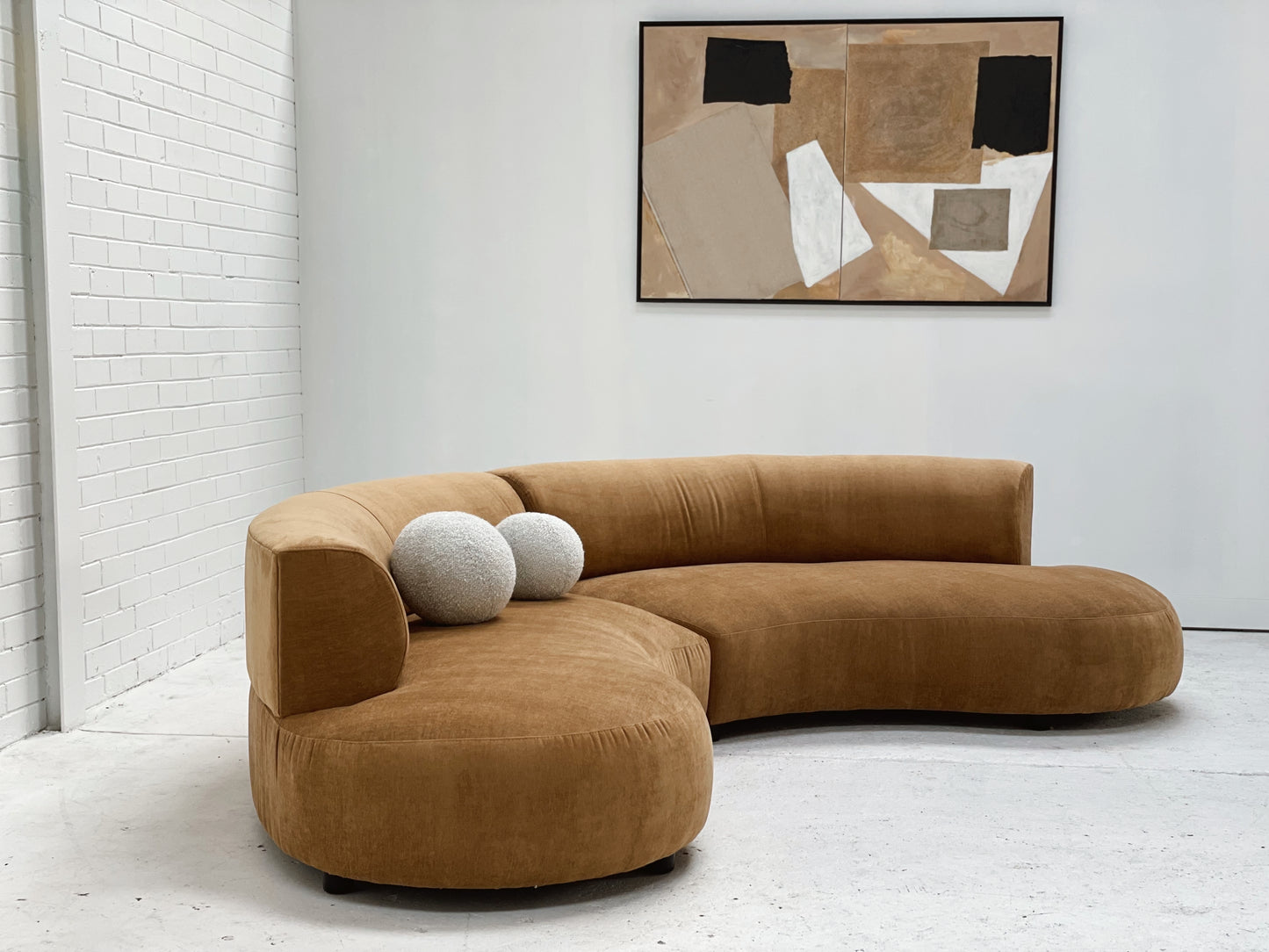 Curved Dark Caramel Chambray Velvet Sofa