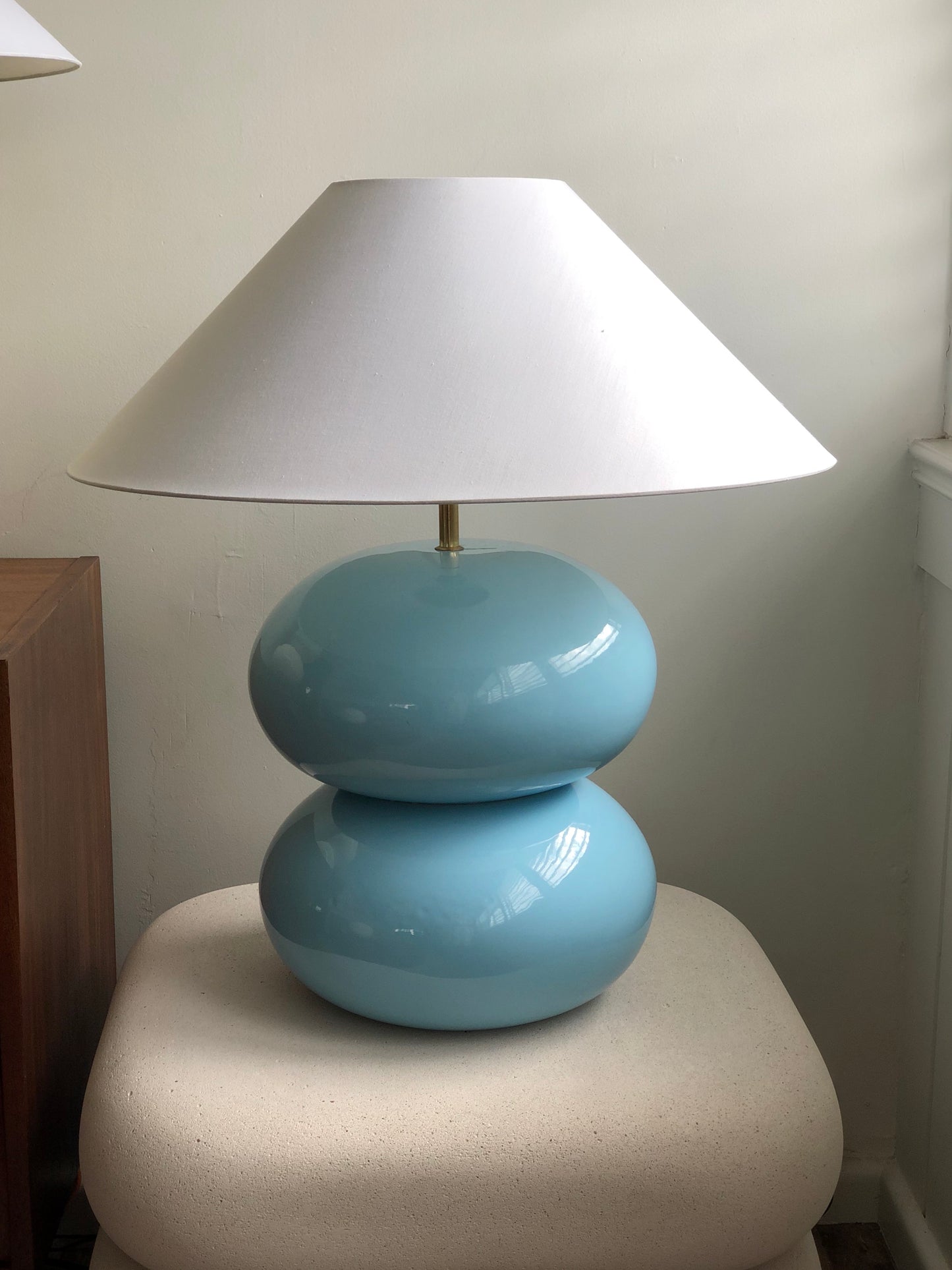 Powder Blue Double Bubble Lamp with White Conical Shade