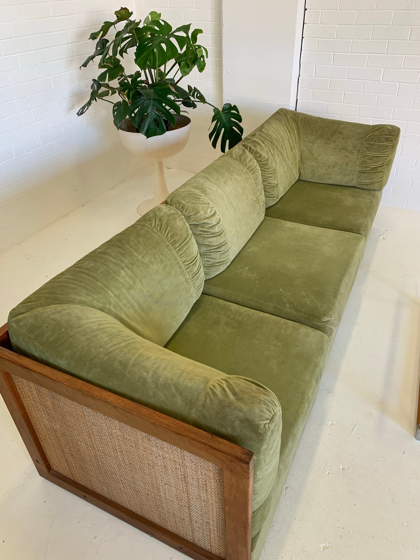 Vintage Parker Rattan and Velvet Modular Sofa