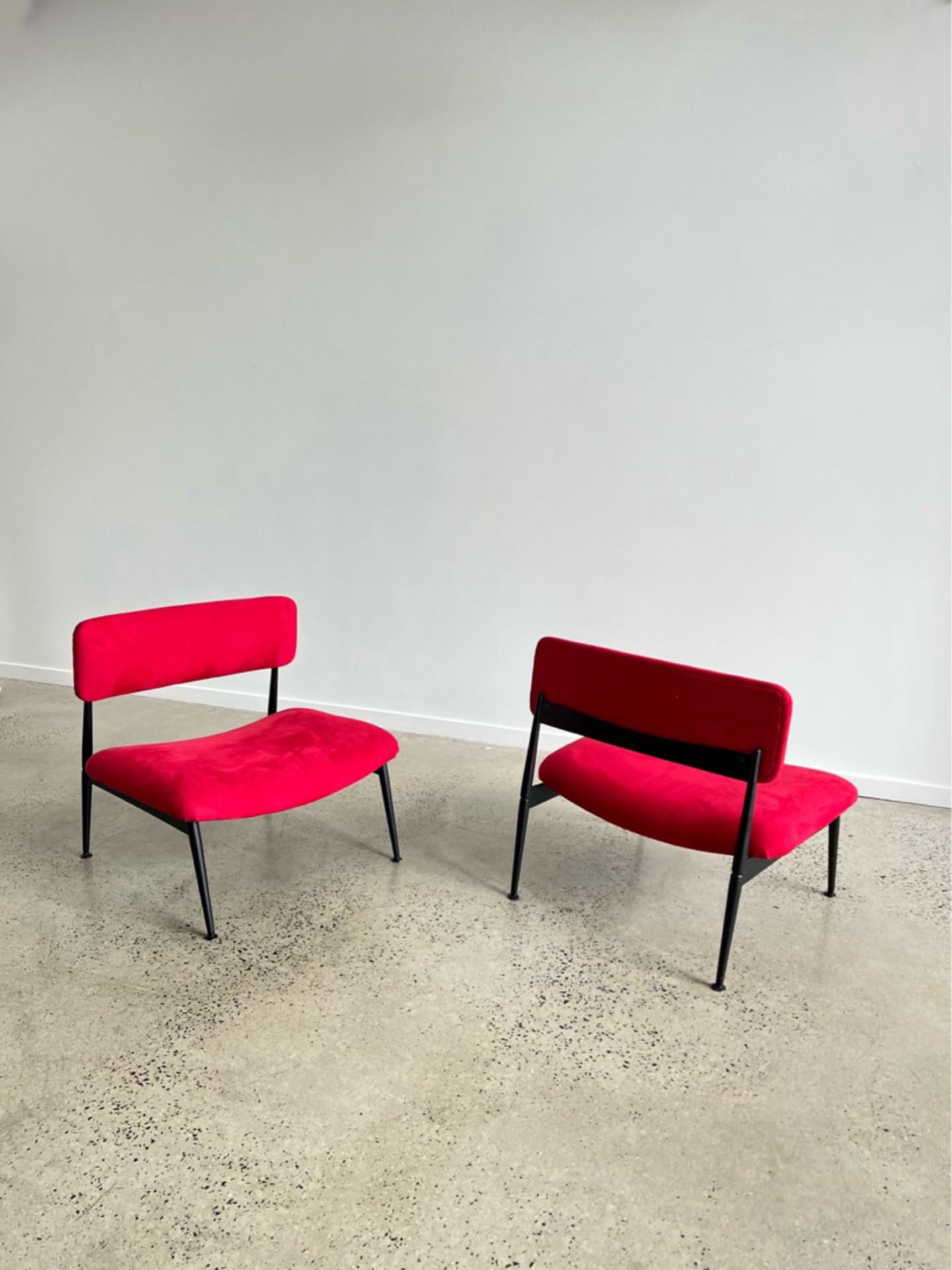 Set of Two Italian Low Chairs in Red Suede and Black Metal Frame, 1970s