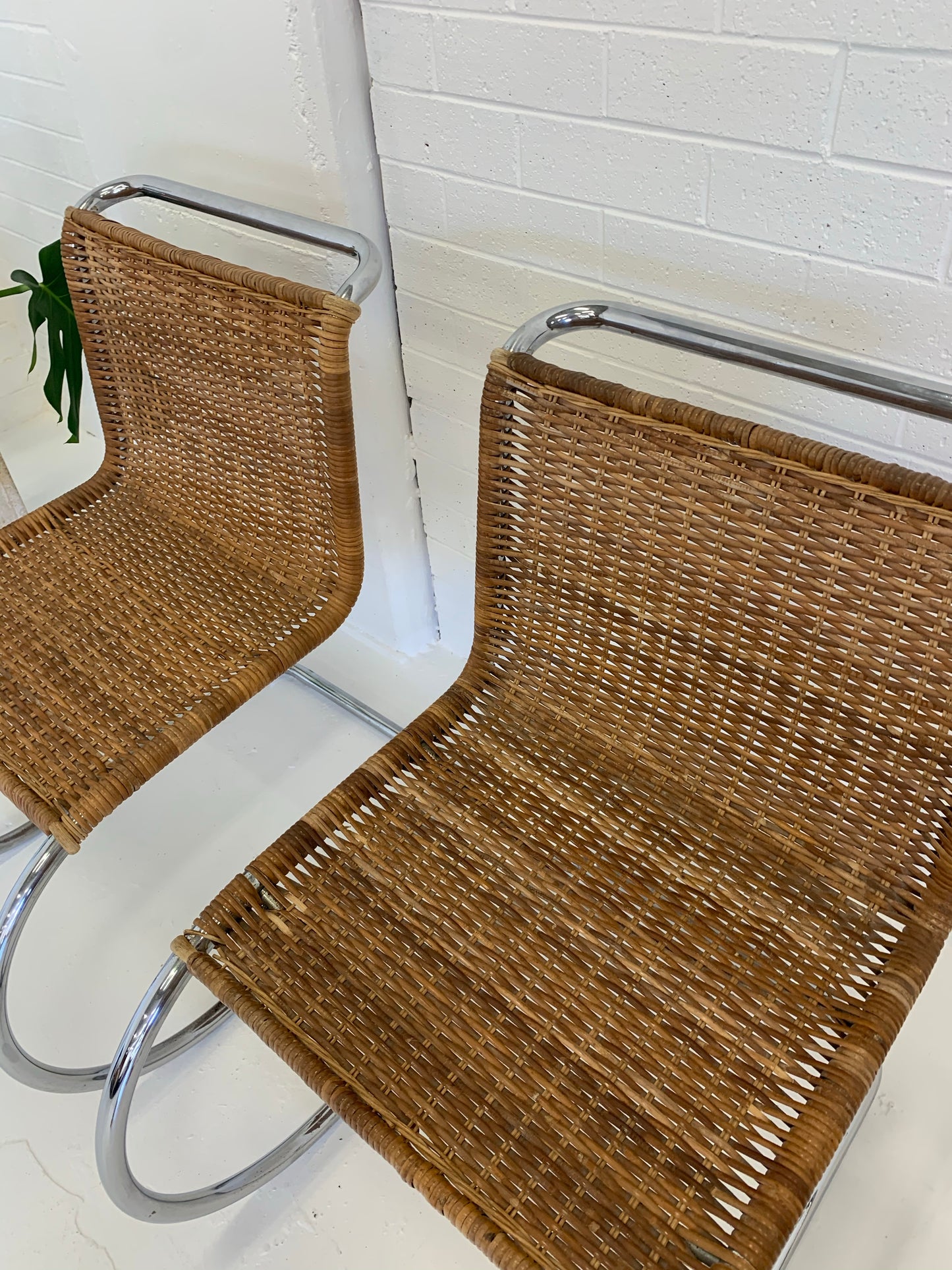 Vintage Cantilever Wicker and Chrome Dining Chairs