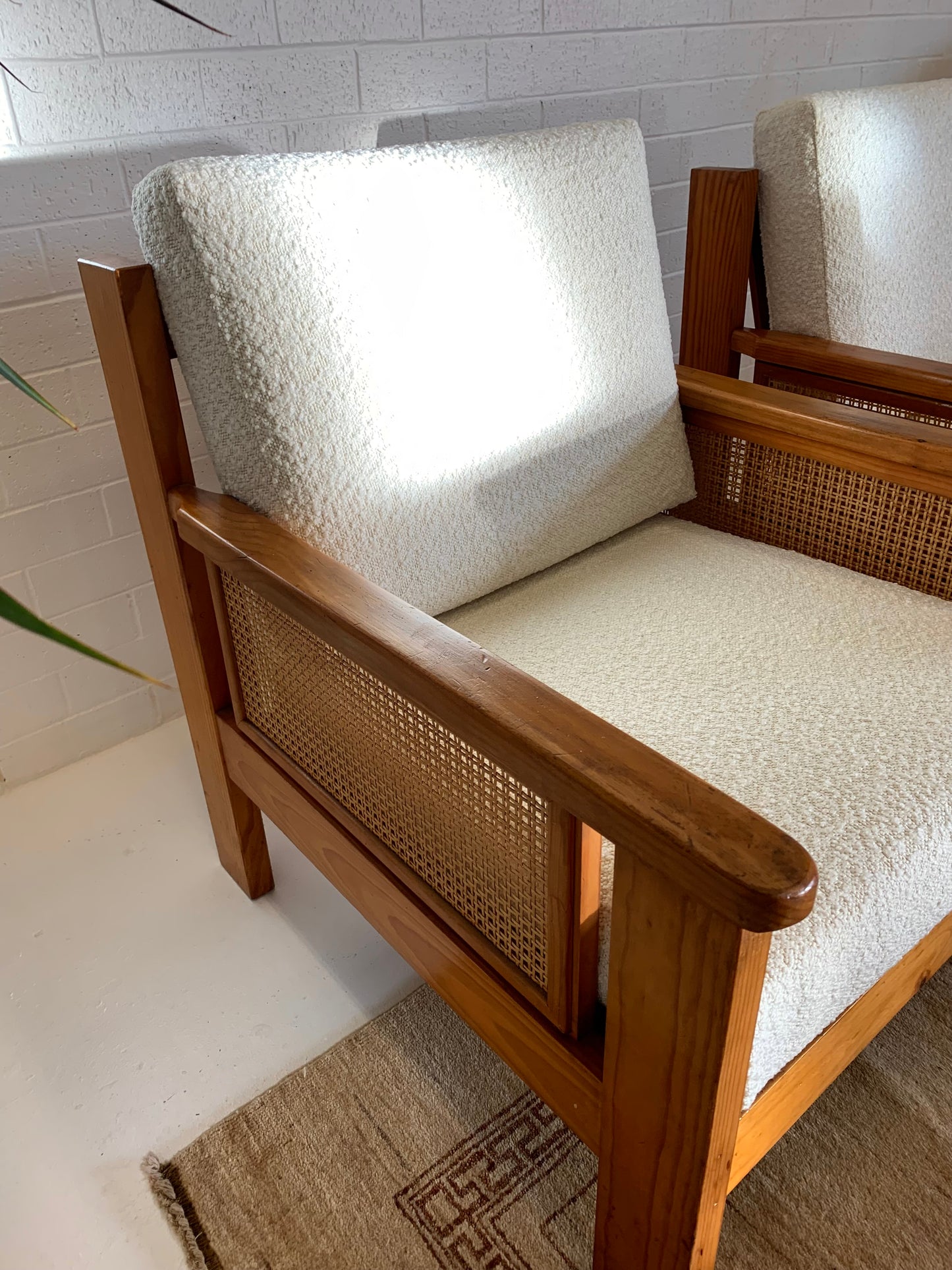 Pine and Rattan Boucle Armchair - Two Available