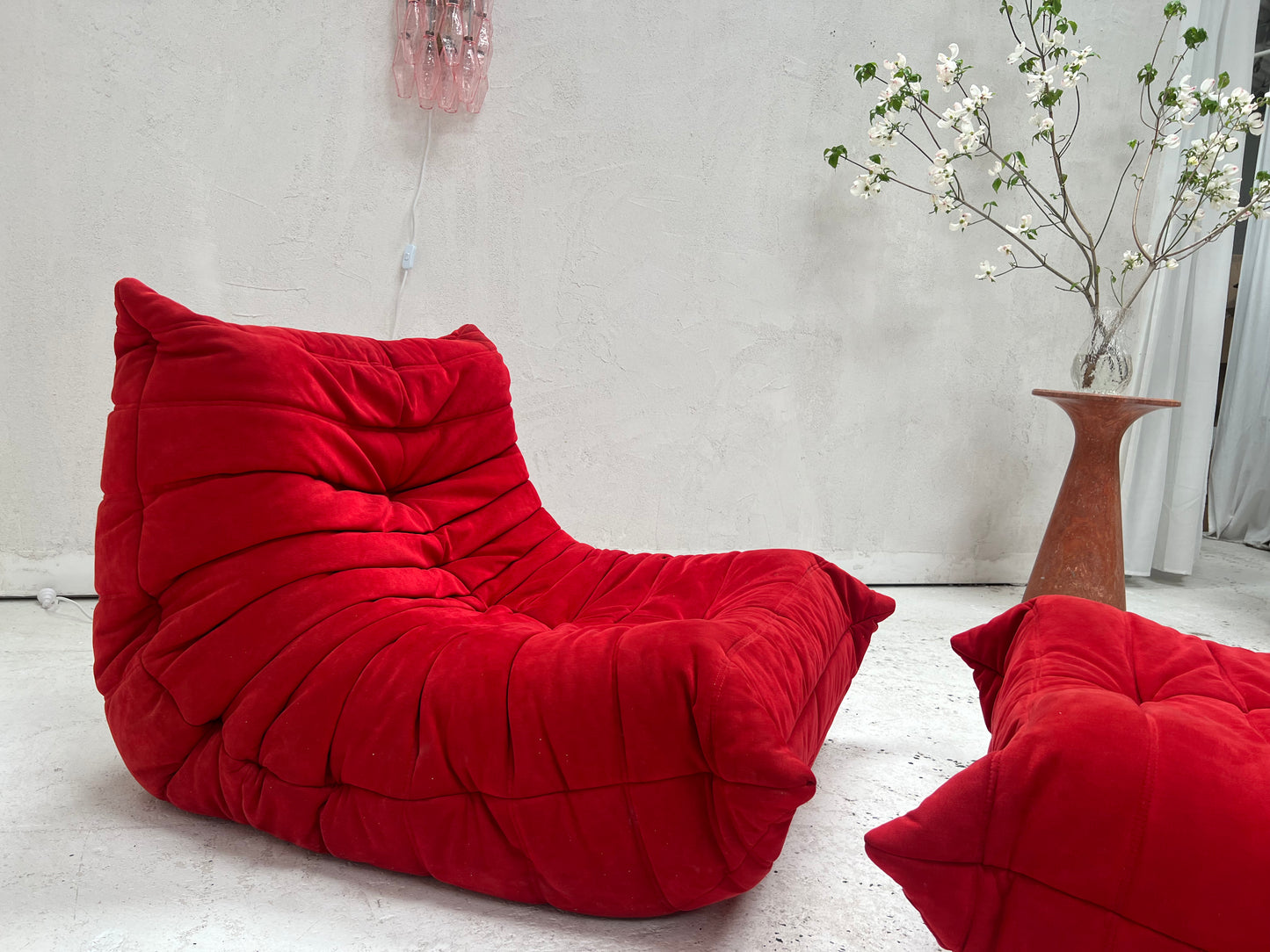 Vintage Ligne Roset Togo Fireside & Ottoman Set - Red Suede