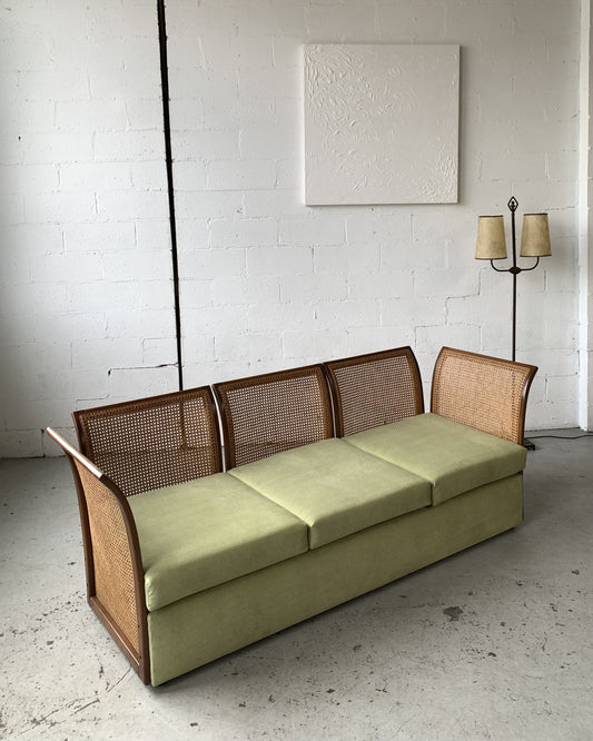 Refurbished Velvet & Rattan Sofa, Circa 1960-70