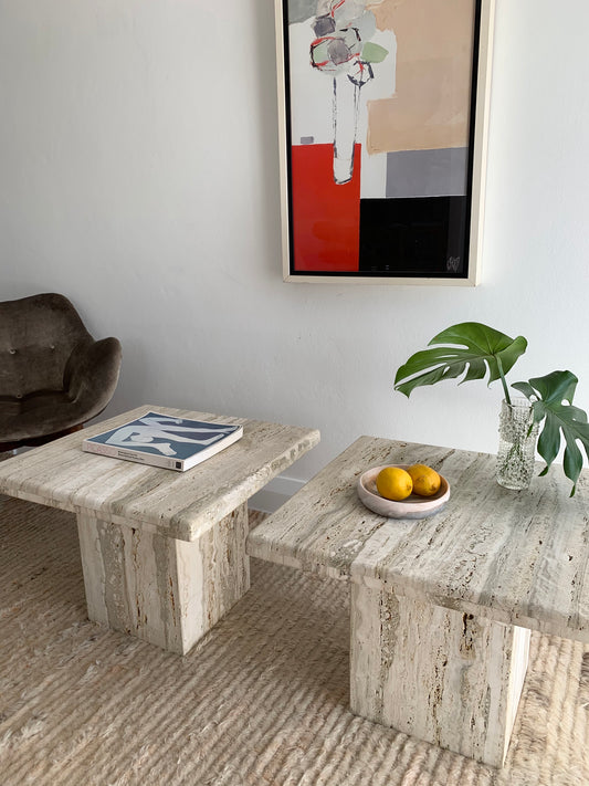 Vintage Unfilled Travertine Side Tables