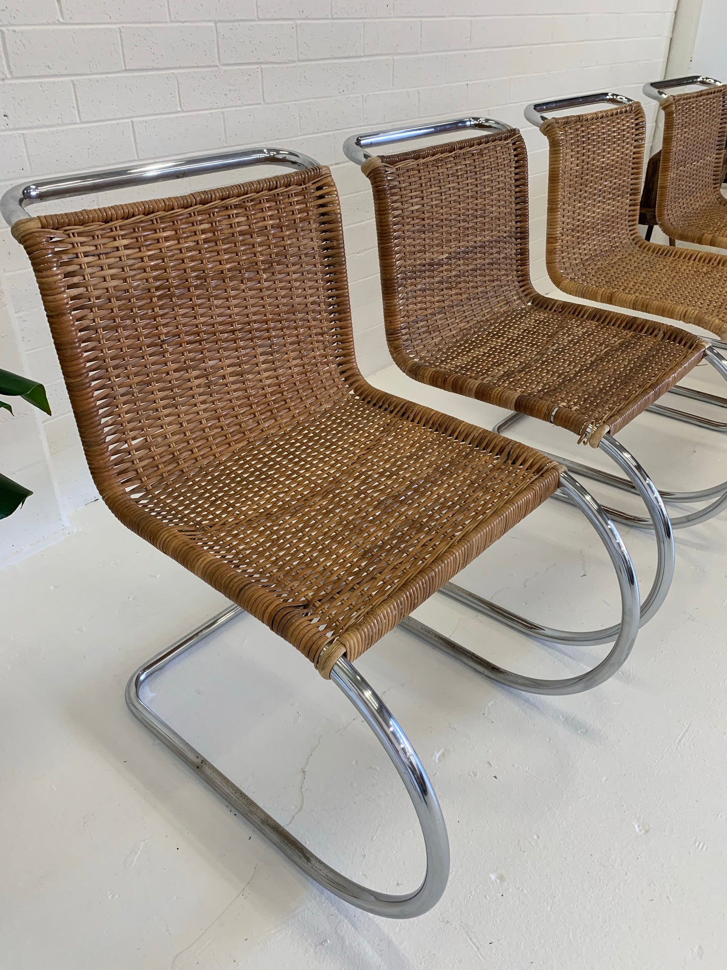 Vintage Cantilever Wicker and Chrome Dining Chairs
