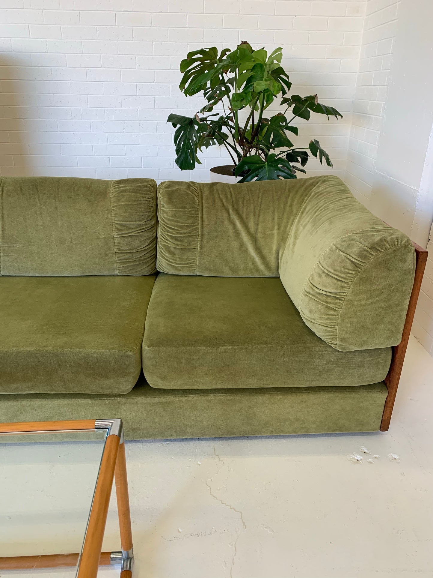 Vintage Parker Rattan and Velvet Modular Sofa