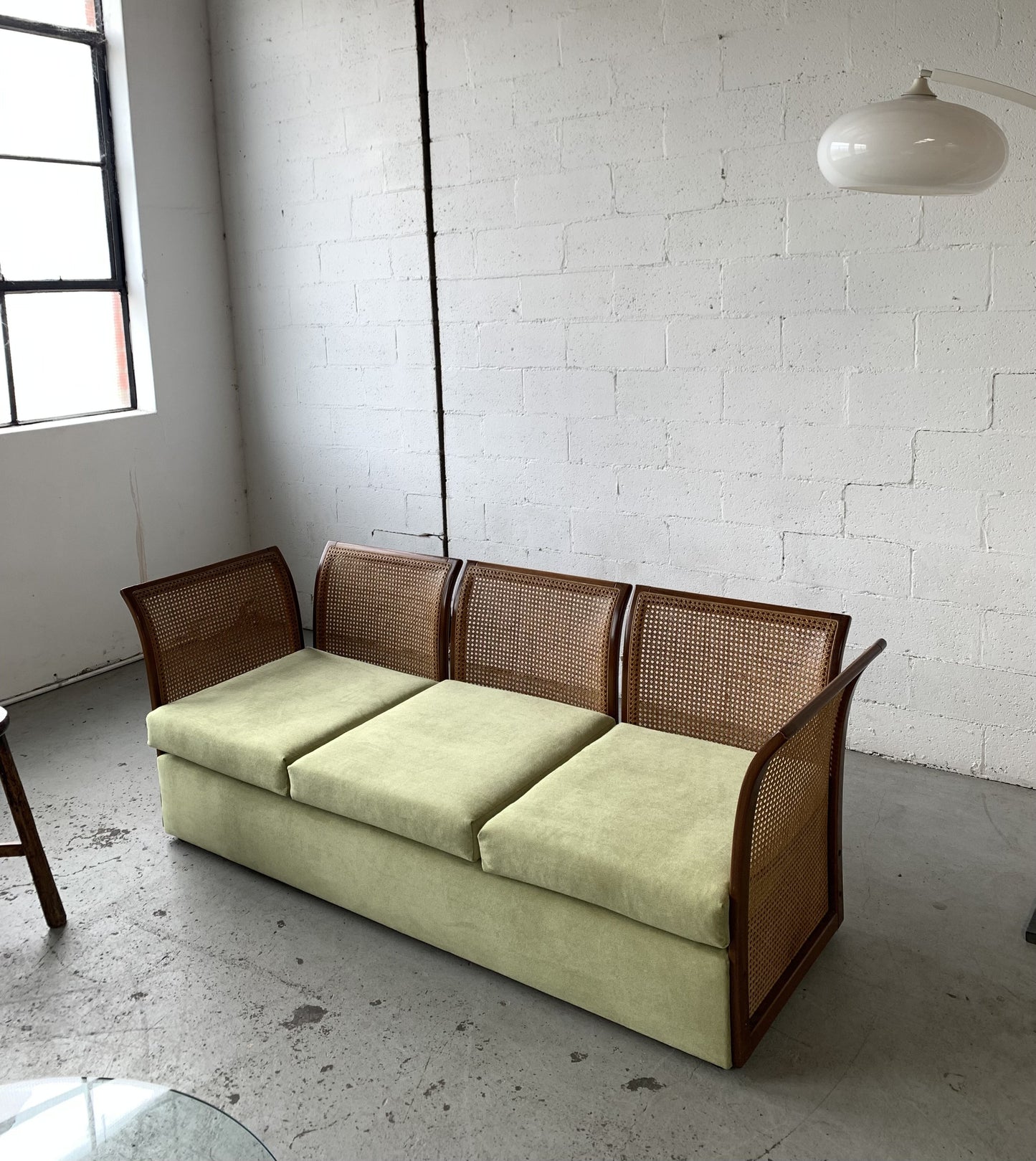 Refurbished Velvet & Rattan Sofa, Circa 1960-70