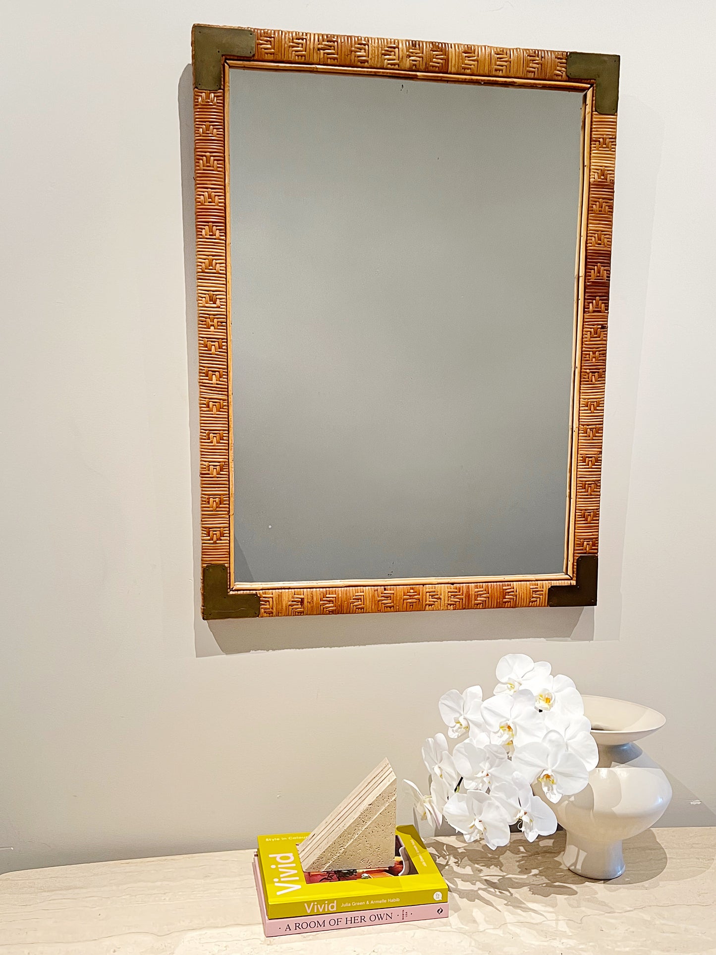 Cane & brass mirror