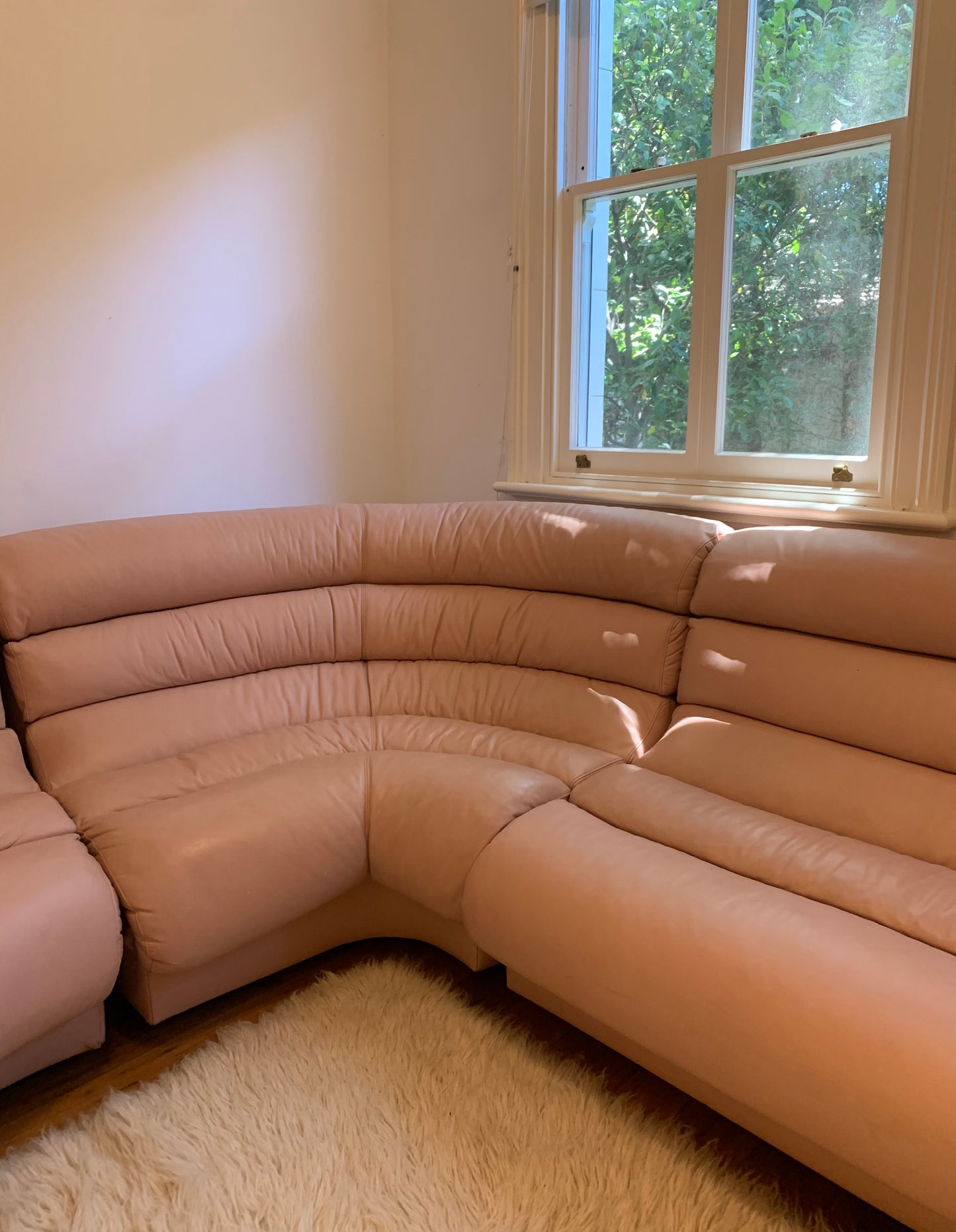 Vintage Modular Curved Blush Pink Leather Sofa