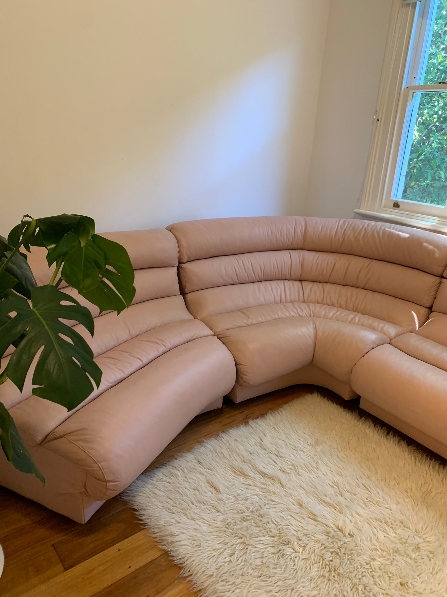 Vintage Modular Curved Blush Pink Leather Sofa