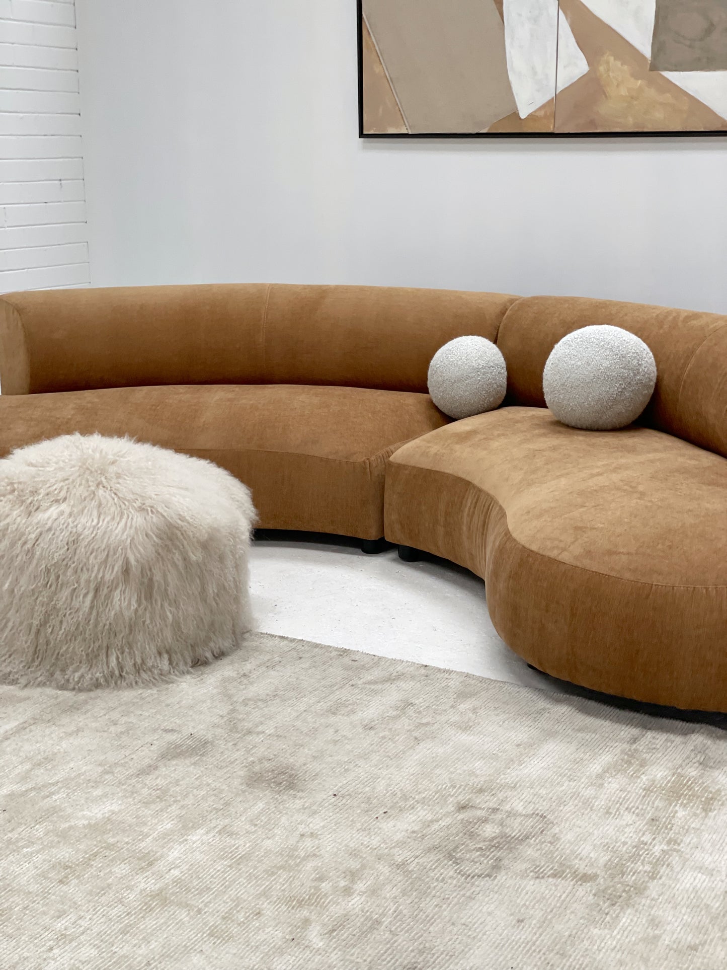 Curved Dark Caramel Chambray Velvet Sofa