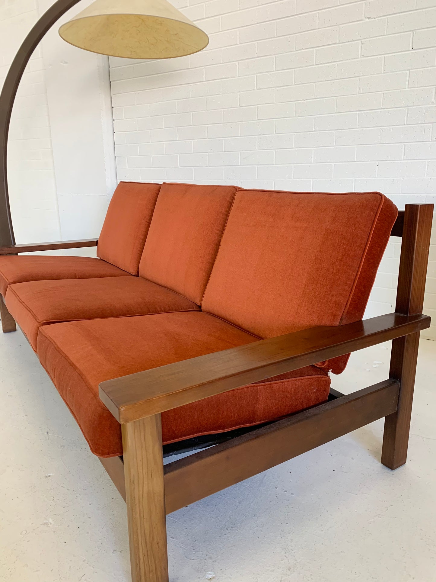Mid Century Rust Velvet Plank Sofa