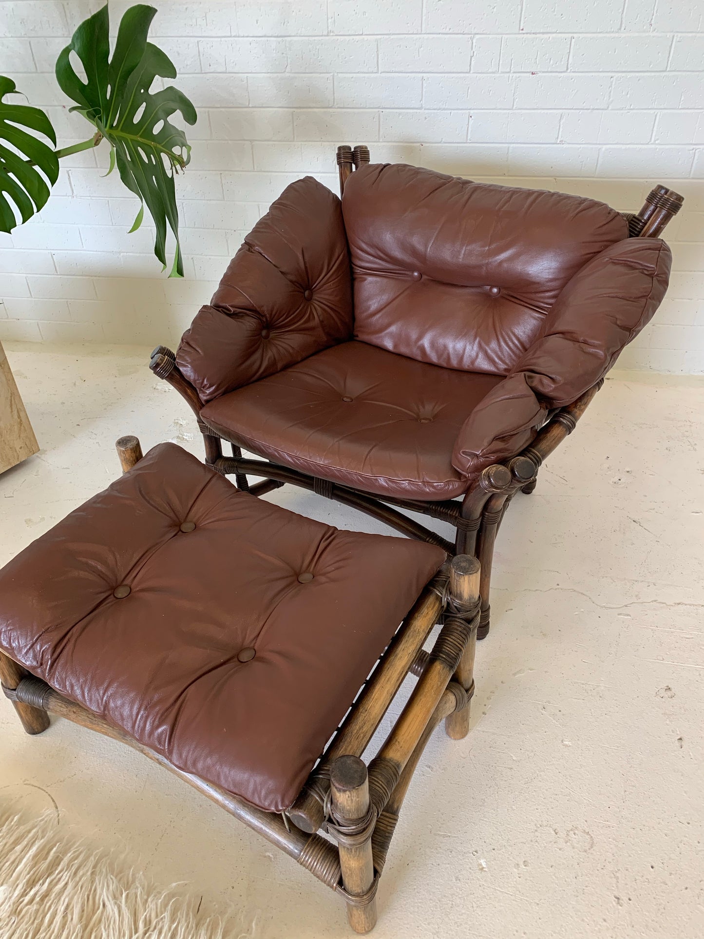 Vintage Cane and Leather Armchair + Ottoman