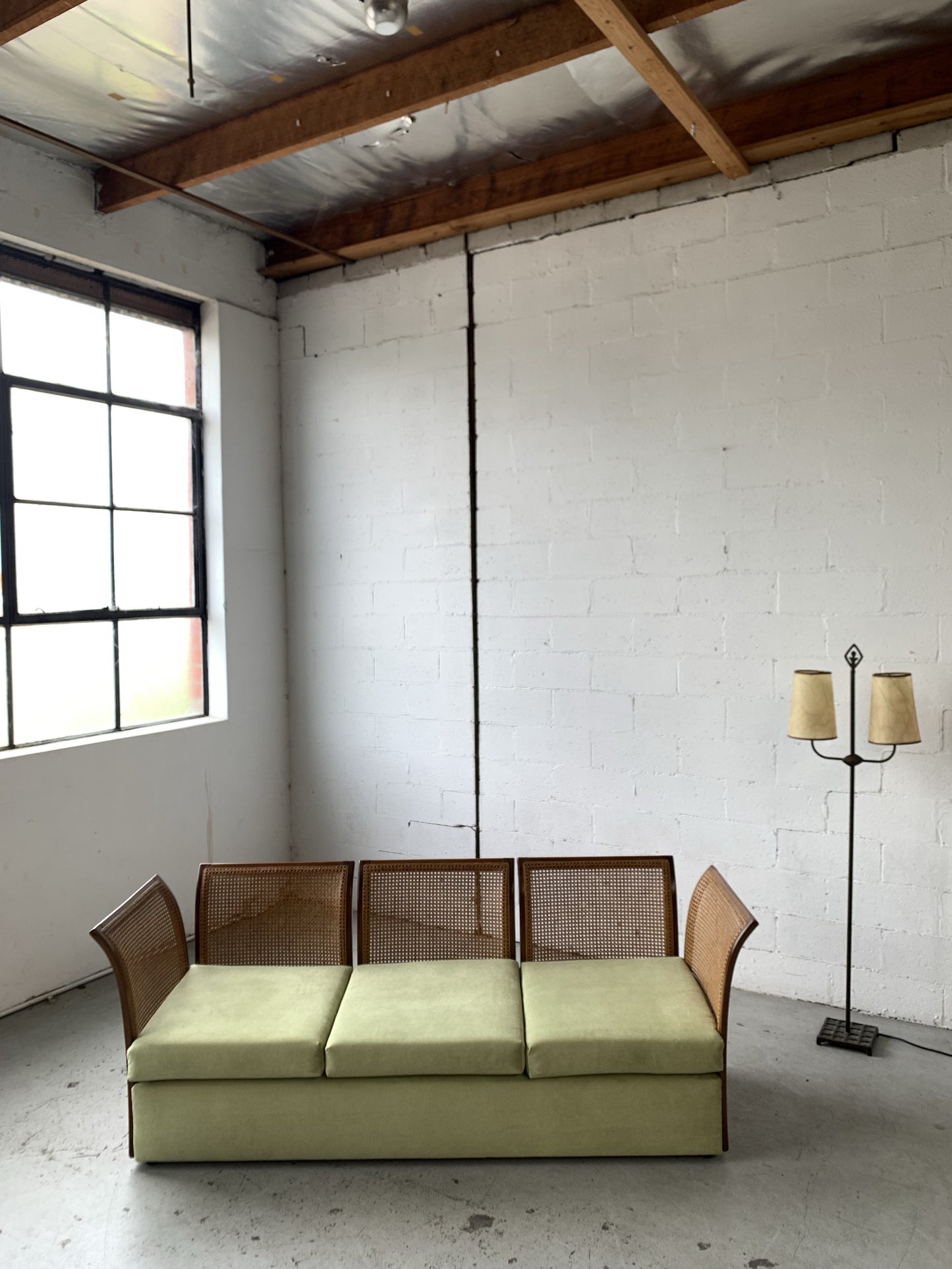 Refurbished Velvet & Rattan Sofa, Circa 1960-70