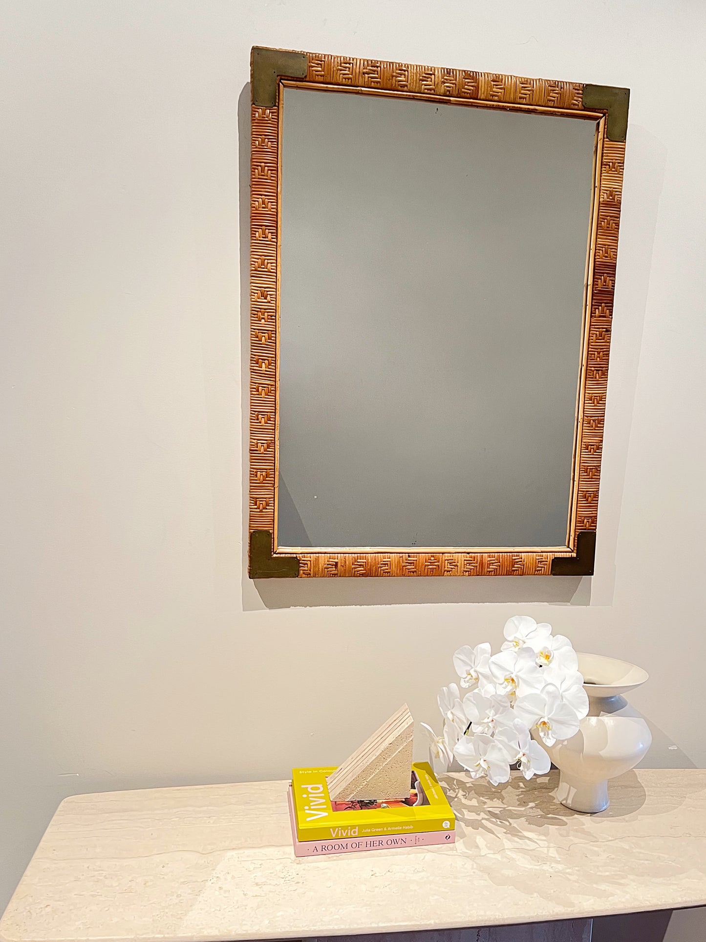 Cane & brass mirror