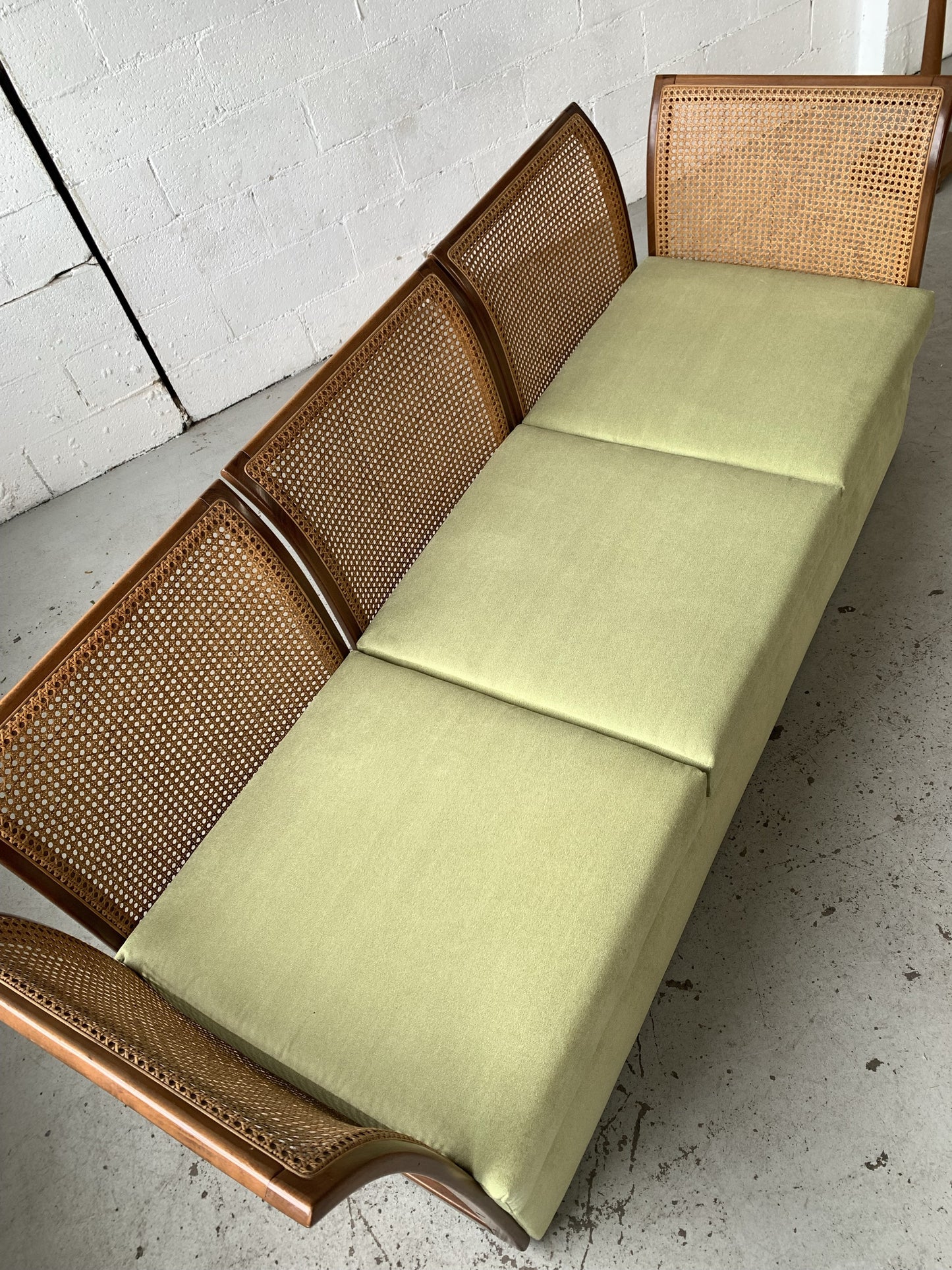 Refurbished Velvet & Rattan Sofa, Circa 1960-70