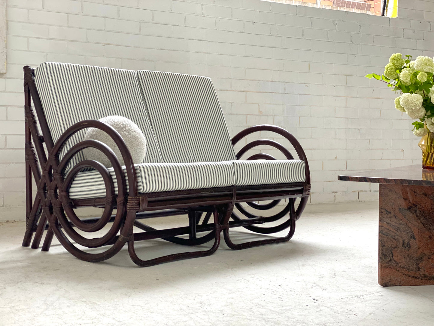 Vintage Dark Bamboo Armchair - Coffee Stripe