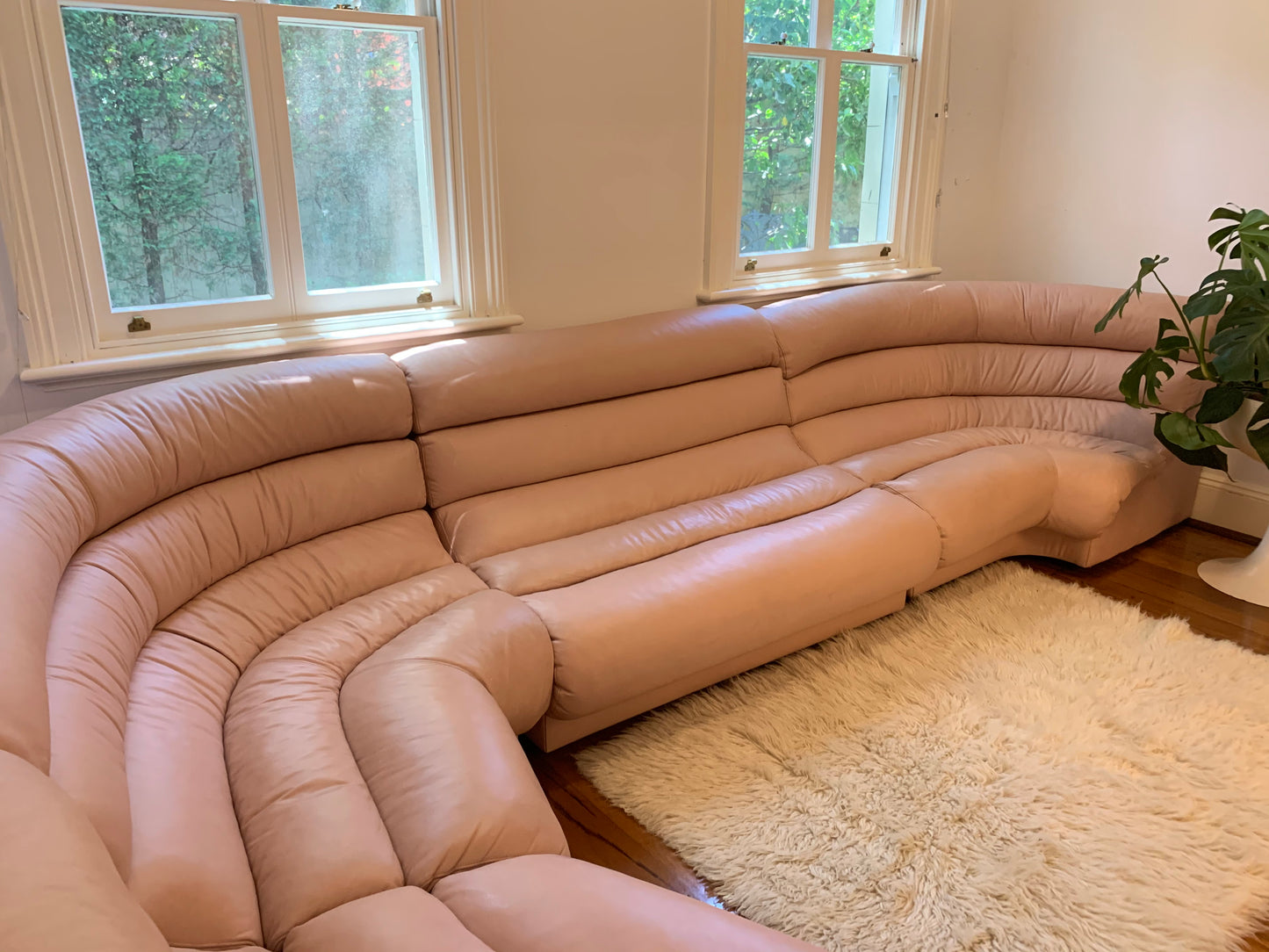 Vintage Modular Curved Blush Pink Leather Sofa