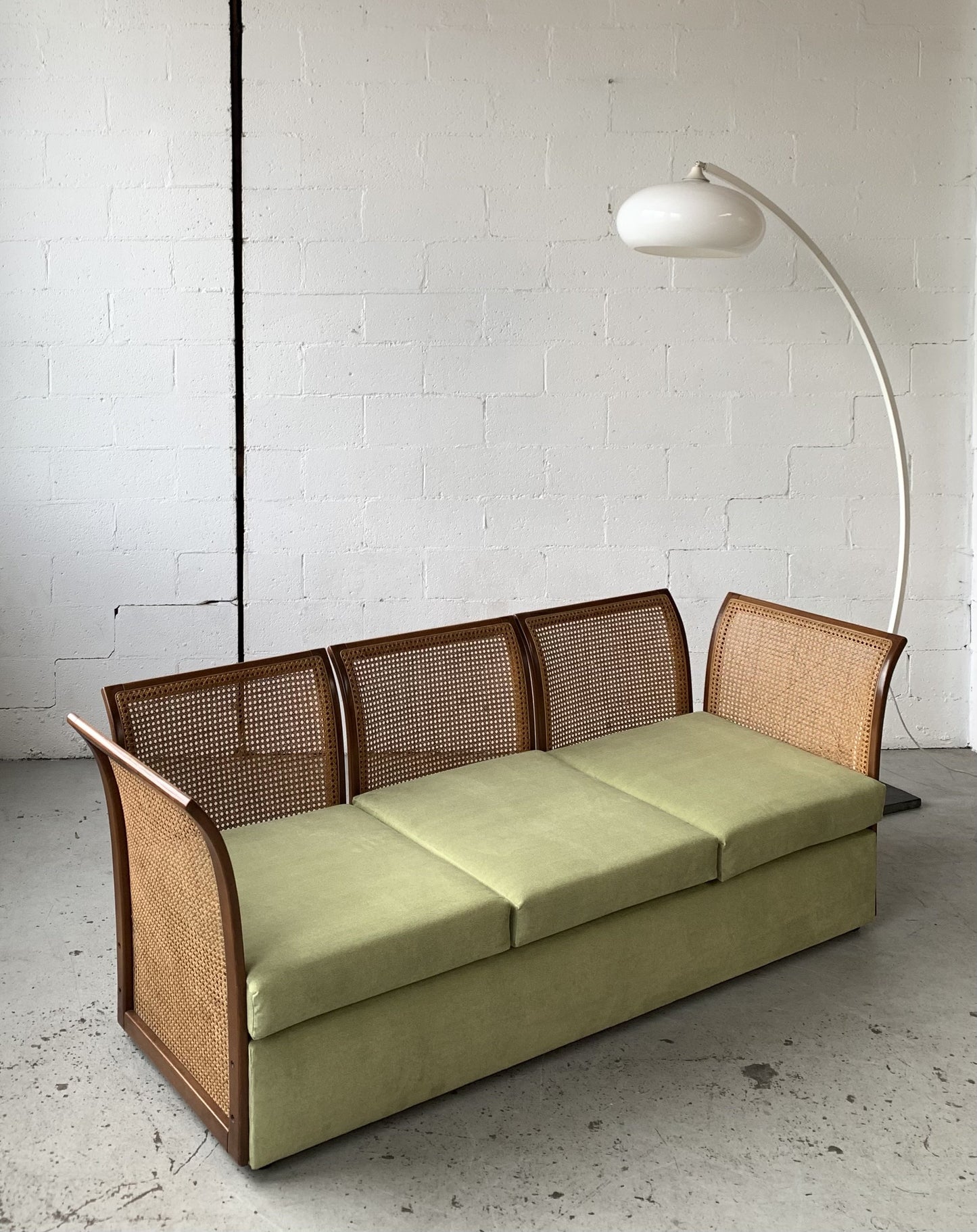 Refurbished Velvet & Rattan Sofa, Circa 1960-70