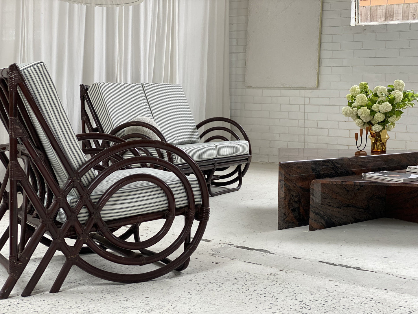 Vintage Dark Bamboo Armchair - Coffee Stripe