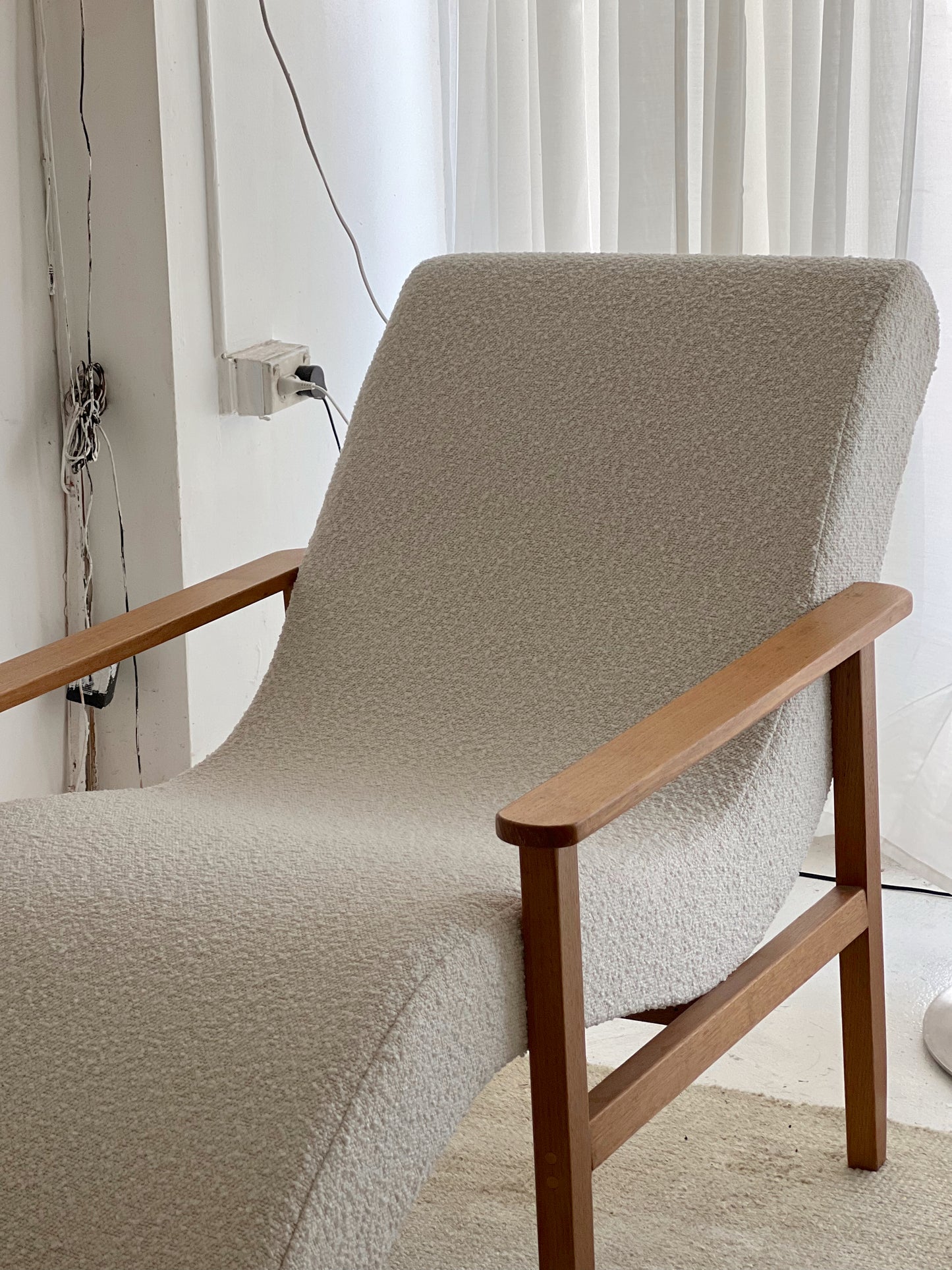 Sculptural Boucle & Wooden Chaise Lounge Chair