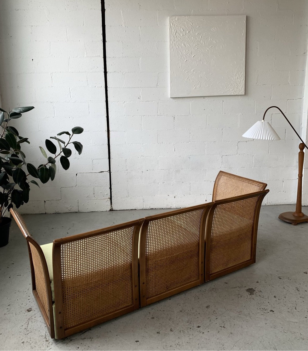 Refurbished Velvet & Rattan Sofa, Circa 1960-70