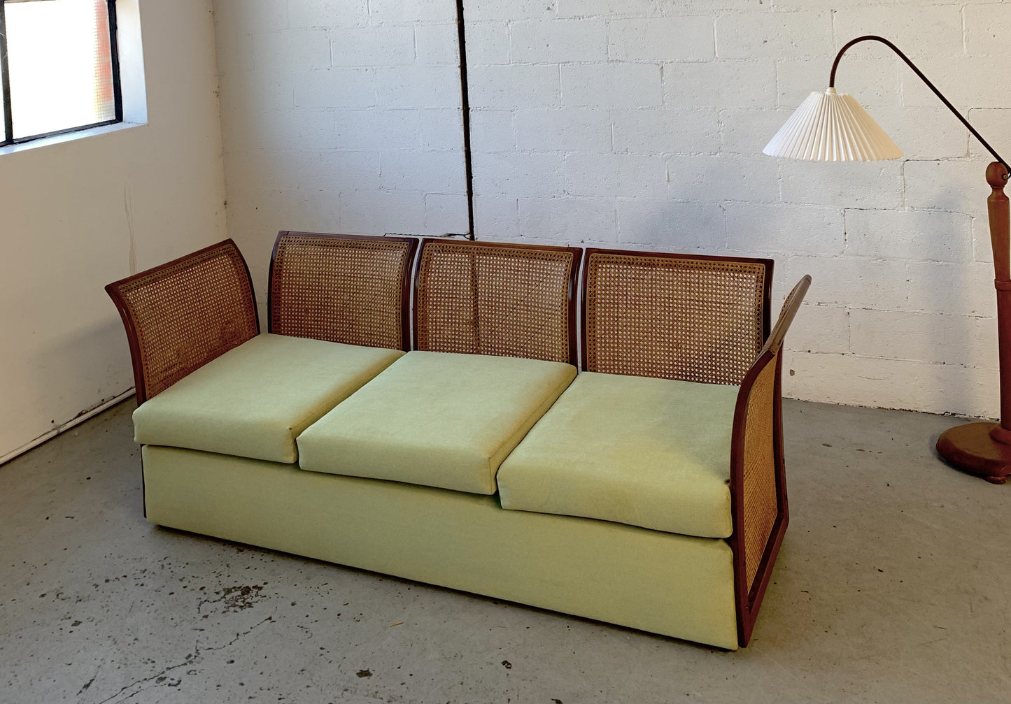 Refurbished Velvet & Rattan Sofa, Circa 1960-70