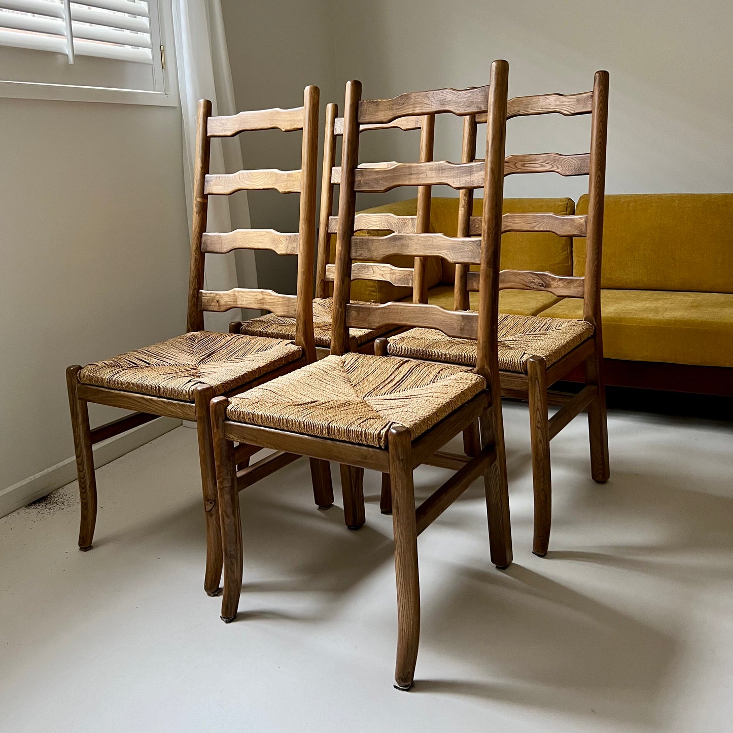 - Set of Eight Oak & Cord Dining Chairs