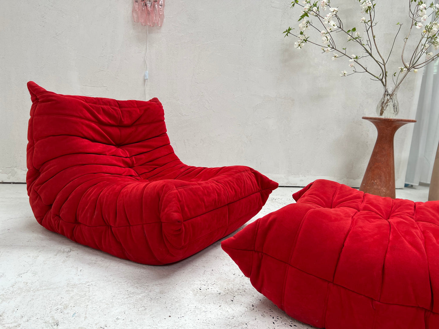 Vintage Ligne Roset Togo Fireside & Ottoman Set - Red Suede