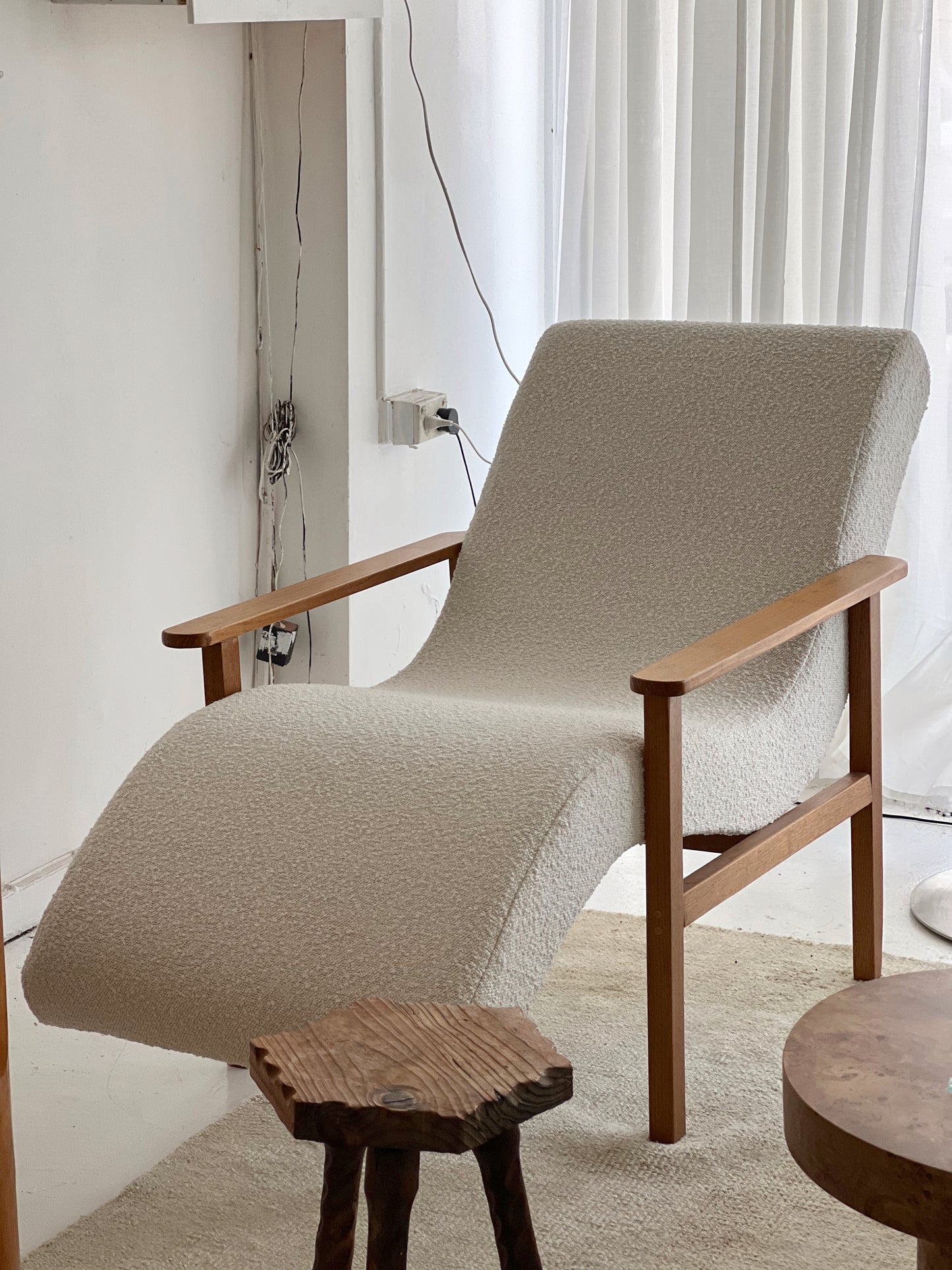 Sculptural Boucle & Wooden Chaise Lounge Chair